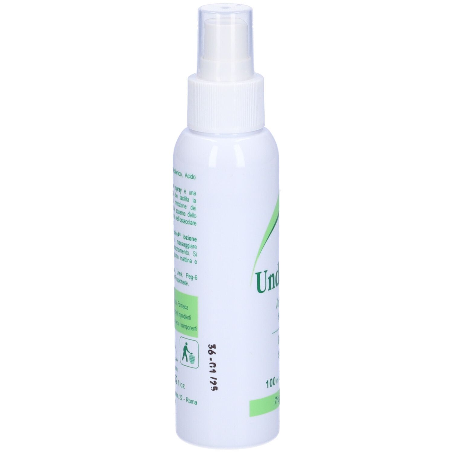 Spray bianco. Scritta: Undecin-A, lozione spray. Retro con testo e simboli.