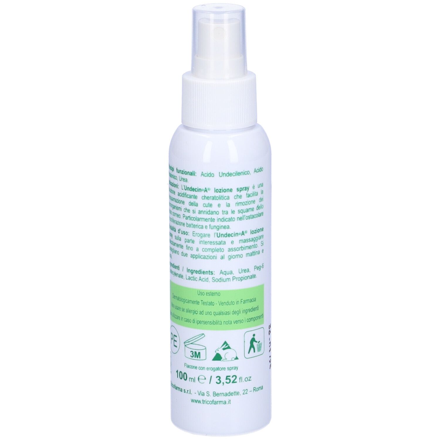 Spray bianco. Scritta: Undecin-A, lozione spray. Retro con testo e simboli.