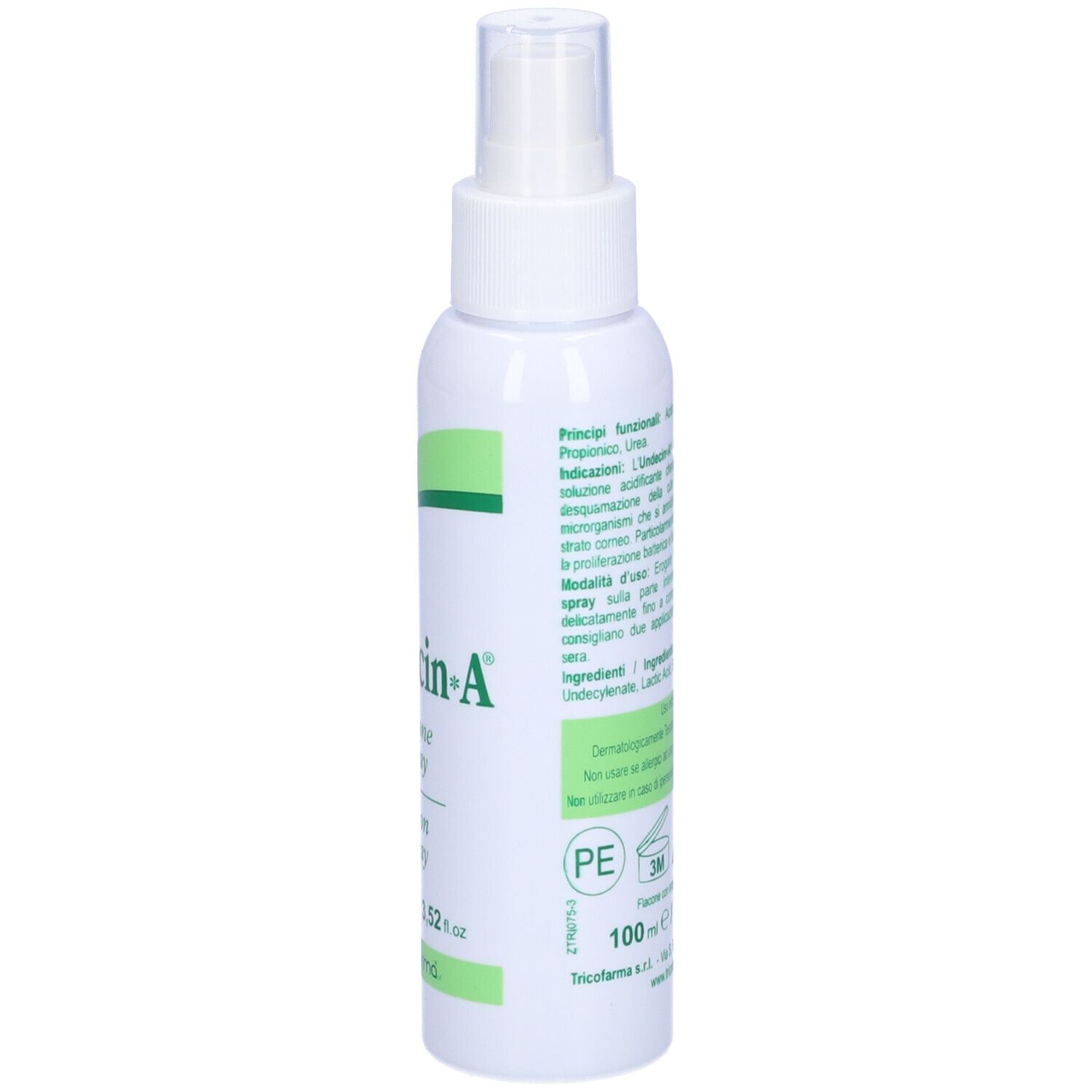Spray bianco. Scritta: Undecin-A, lozione spray. Retro con testo e simboli.