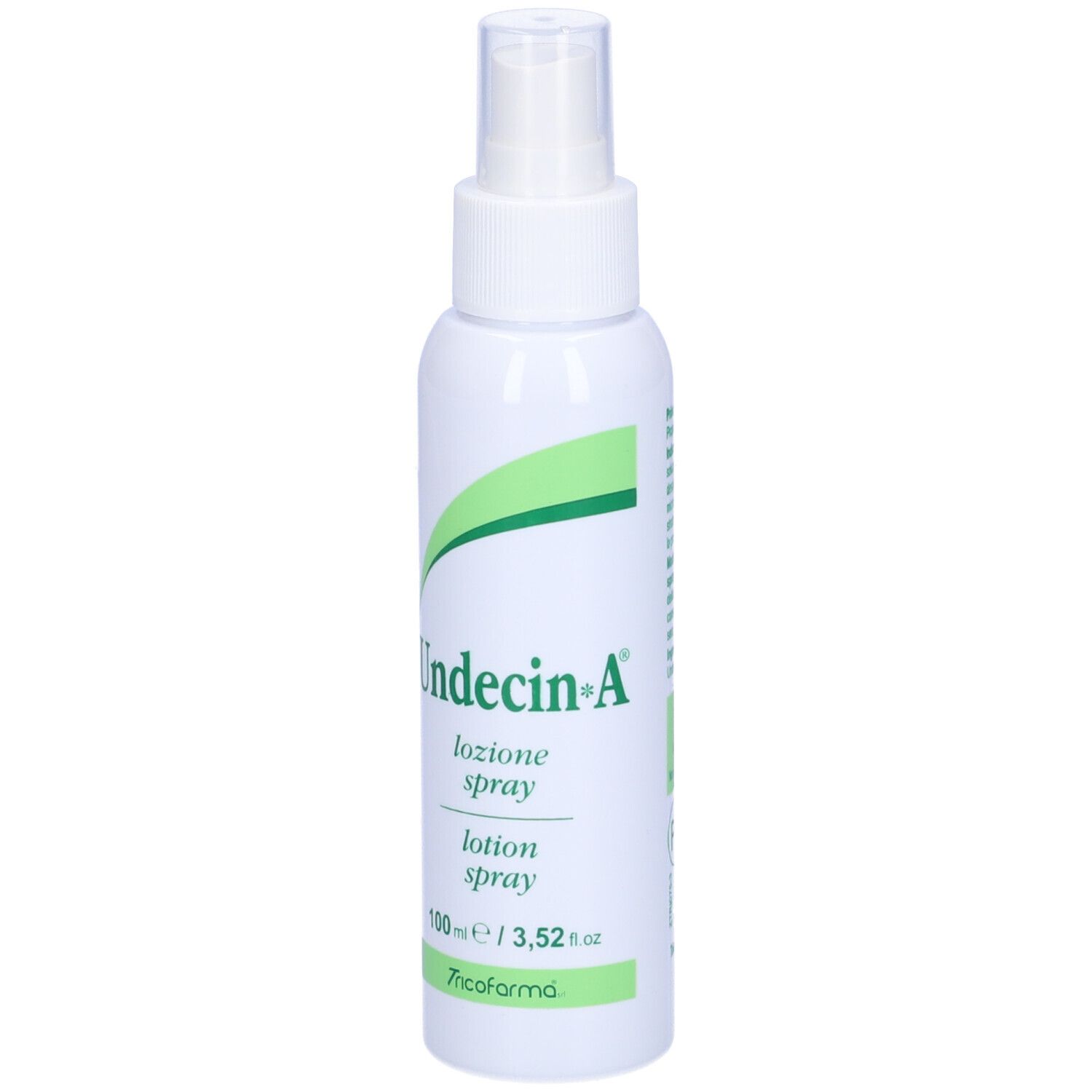 Spray bianco con logo verde. Scritta: Undecin-A, lozione spray. 100 ml.