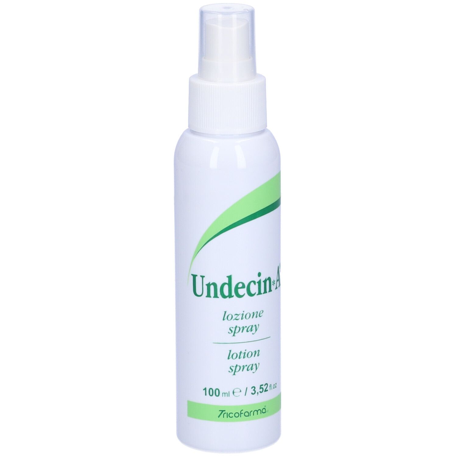 Spray bianco con logo verde. Scritta: Undecin-A, lozione spray. 100 ml.