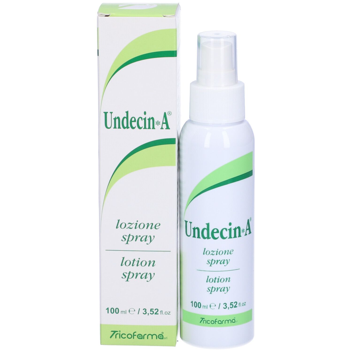 Spray bianco e scatola. Scritta: Undecin-A, lozione spray. 100 ml.