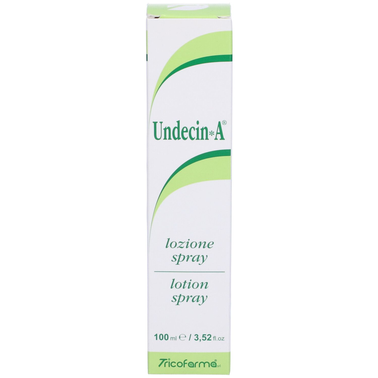 Scatola verde e bianca. Scritta: Undecin-A, lozione spray. 100 ml.