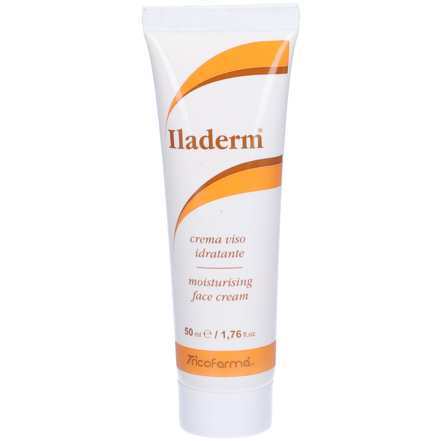Tubo bianco con dettagli arancioni. Scritta Iladerm, crema viso idratante, moisturising face cream. 50 ml.