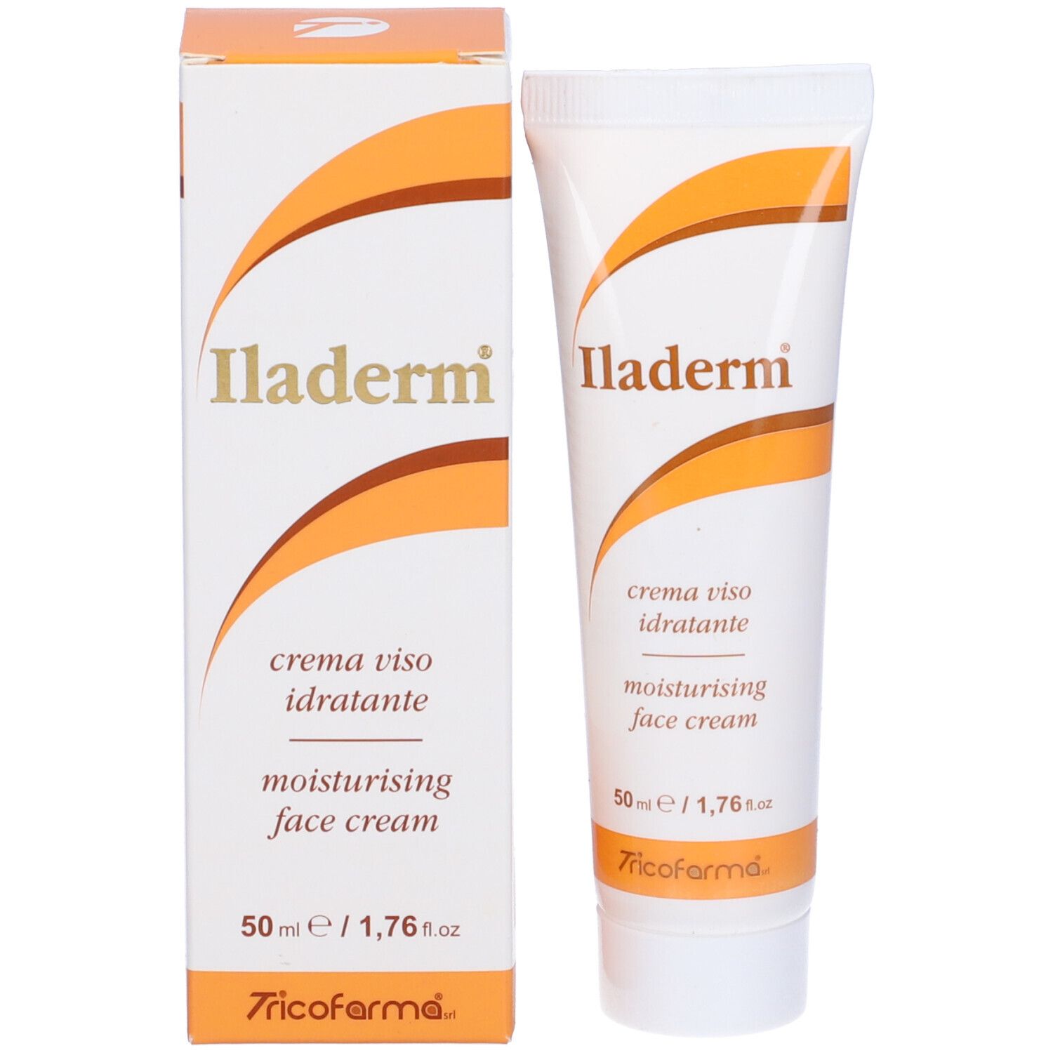 Scatola e tubo. Scritta Iladerm, crema viso idratante, moisturising face cream. Dettagli arancioni. 50 ml.