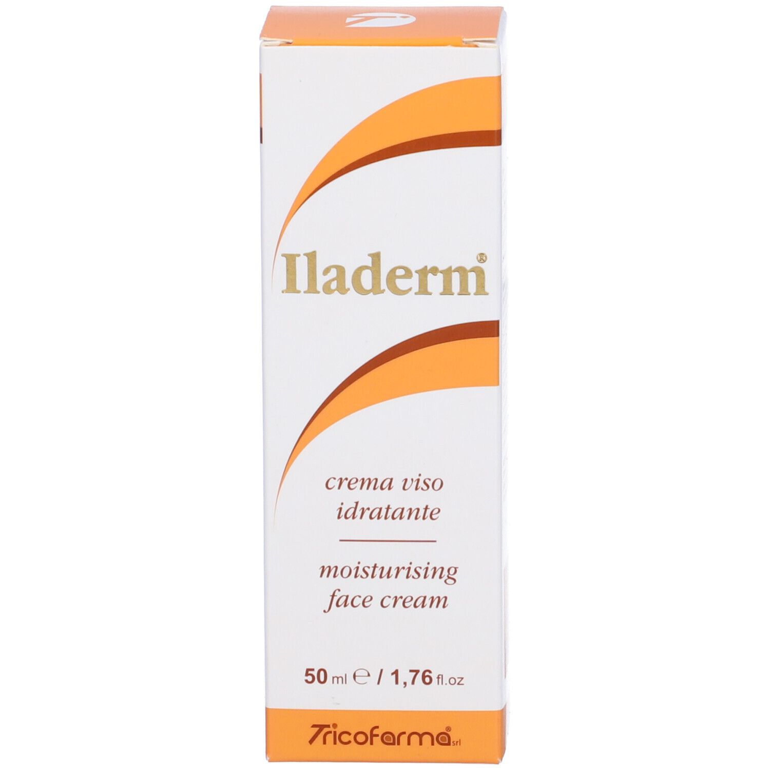 Scatola. Scritta Iladerm, crema viso idratante, moisturising face cream. Dettagli arancioni. 50 ml.