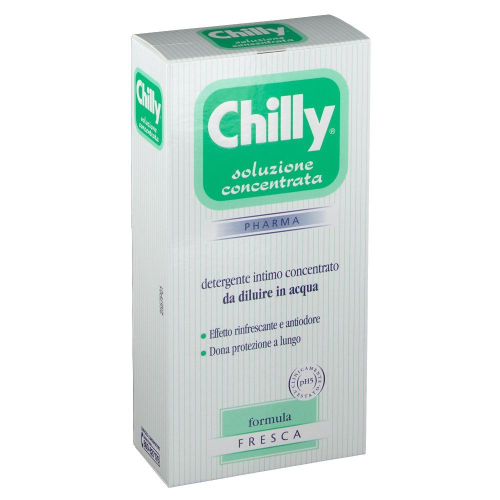 Scatola bianca con logo e testo verdi. Prodotto: Chilly. Testo: Detergente intimo, soluzione concentrata. Logo Pharma.