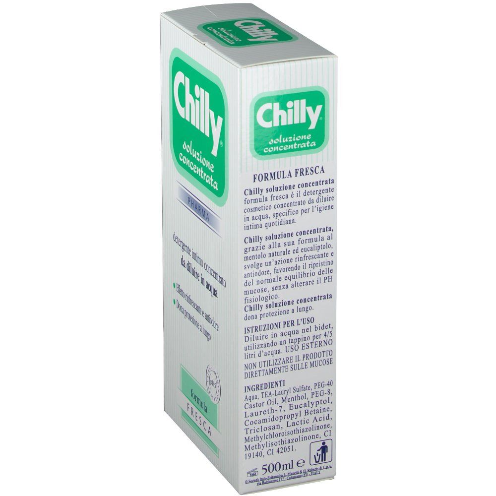 Scatola bianca, vista laterale obliqua. Logo verde: Chilly, soluzione concentrata. Testo: Detergente intimo. Ingredienti e istruzioni.