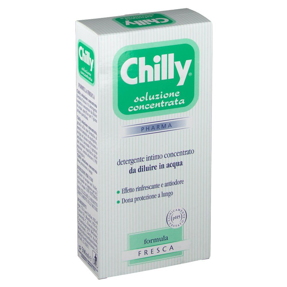 Scatola bianca con logo e testo verdi. Prodotto: Chilly. Testo: Detergente intimo, soluzione concentrata. Logo Pharma.
