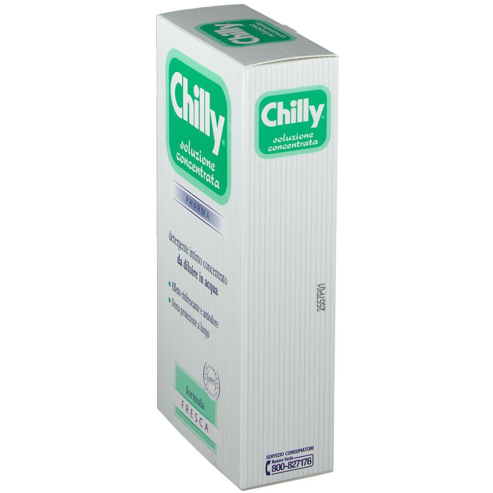 Scatola bianca, vista laterale obliqua. Logo verde: Chilly, soluzione concentrata. Testo: Detergente intimo. Logo Pharma.