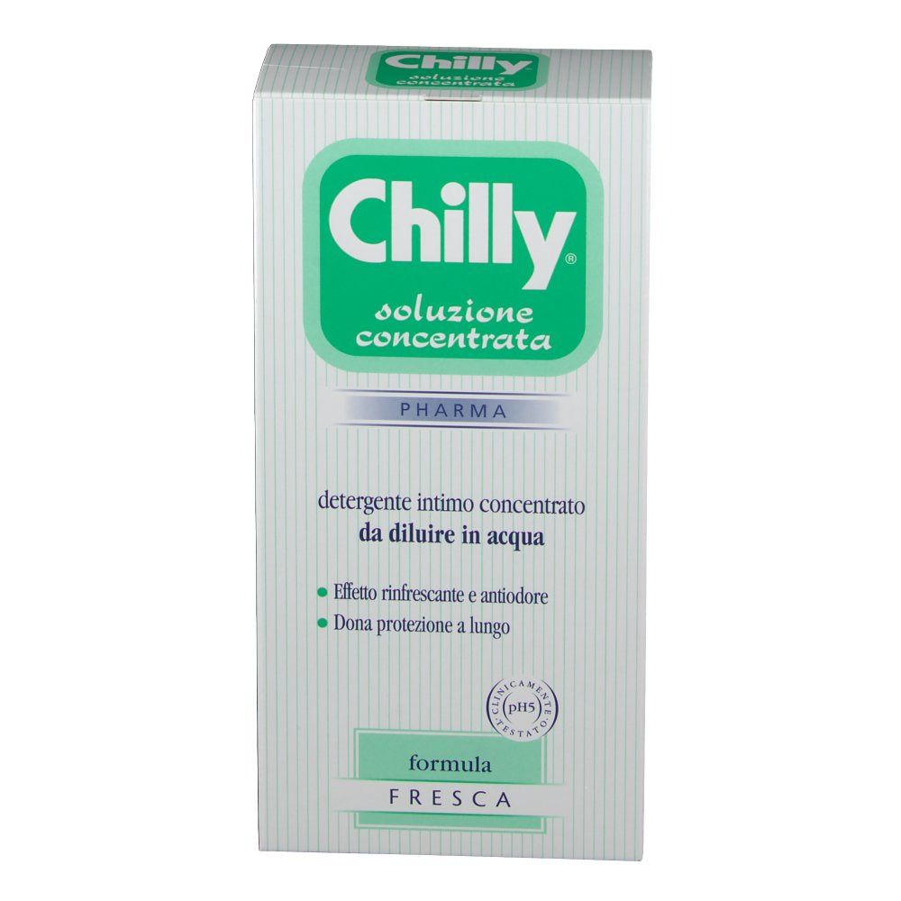Scatola bianca con logo e testo verdi. Prodotto: Chilly. Testo: Detergente intimo, soluzione concentrata. Logo Pharma.