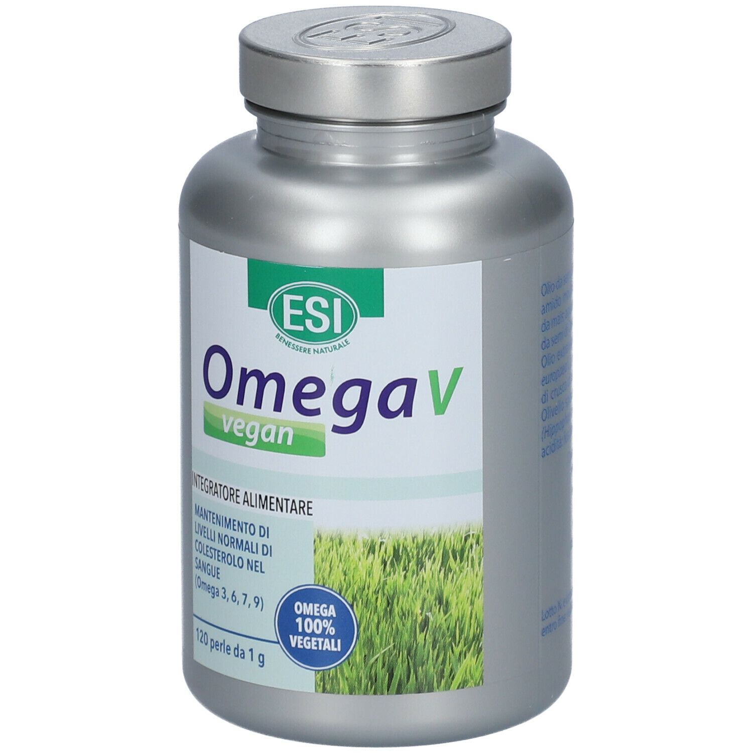 Flacone argentato con logo ESI e OmegaV vegan. Contiene 120 perle. Testo: Integratore Alimentare, 100% vegetali.
