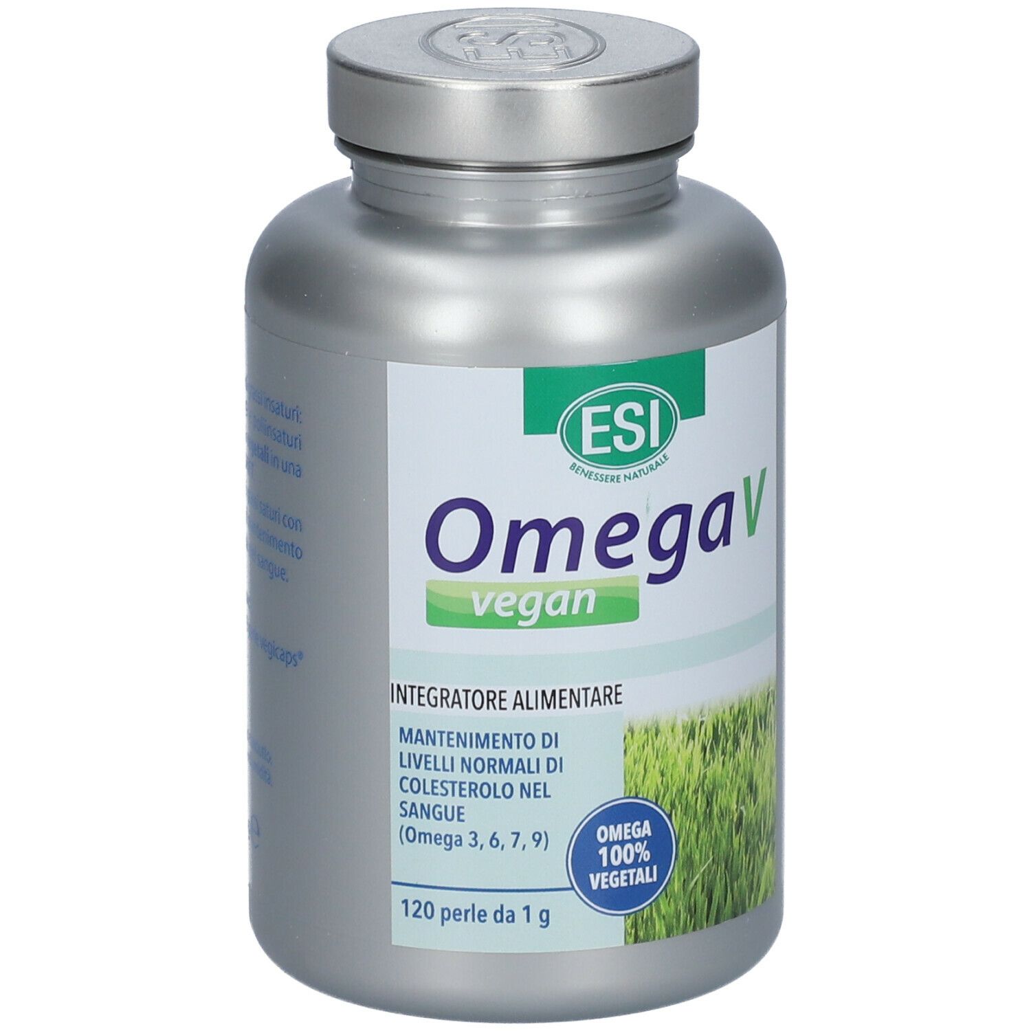 Flacone argentato con logo ESI e OmegaV vegan. Contiene 120 perle. Testo: Integratore Alimentare, 100% vegetali.