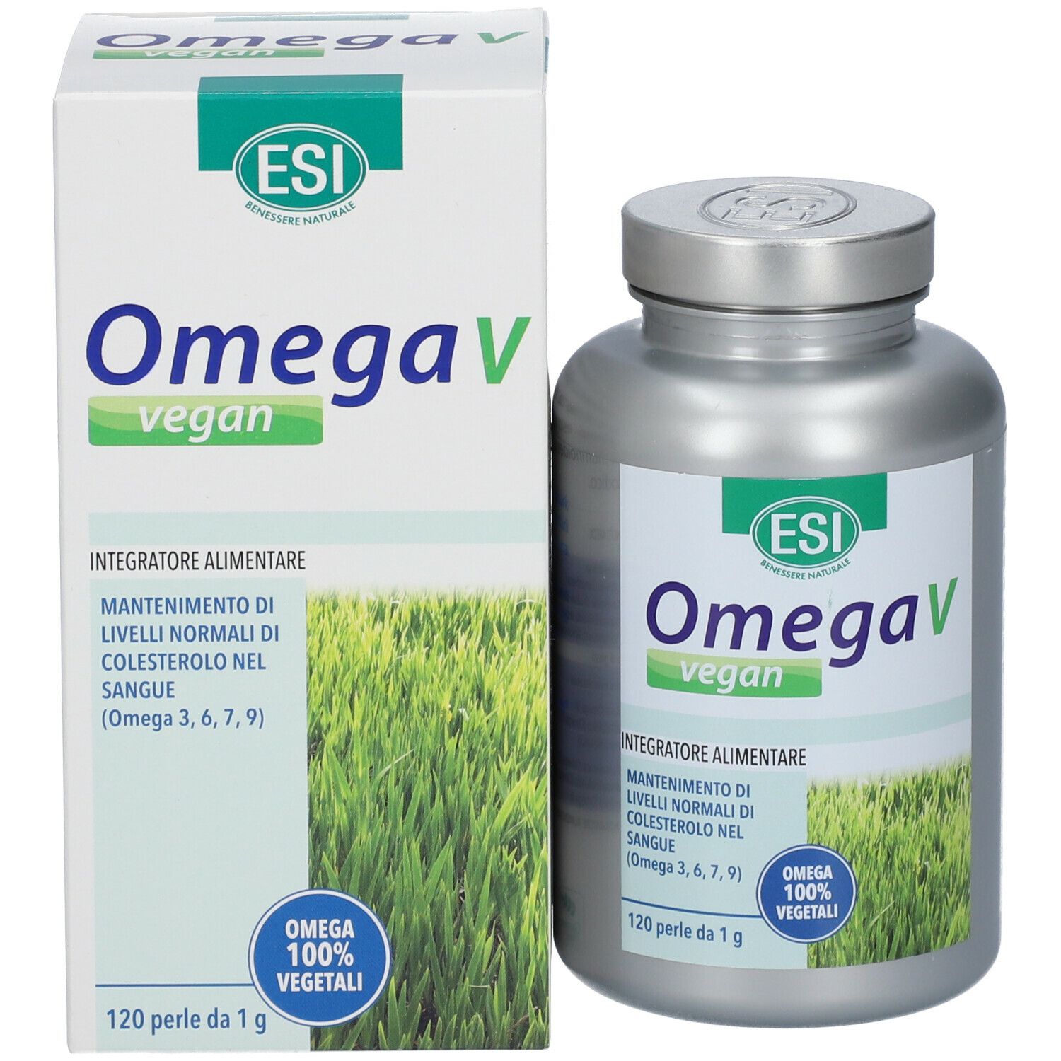 Confezione del prodotto con scatola e flacone. Logo ESI, OmegaV vegan. Contiene 120 perle. Testo: Integratore Alimentare, 100% vegetali.