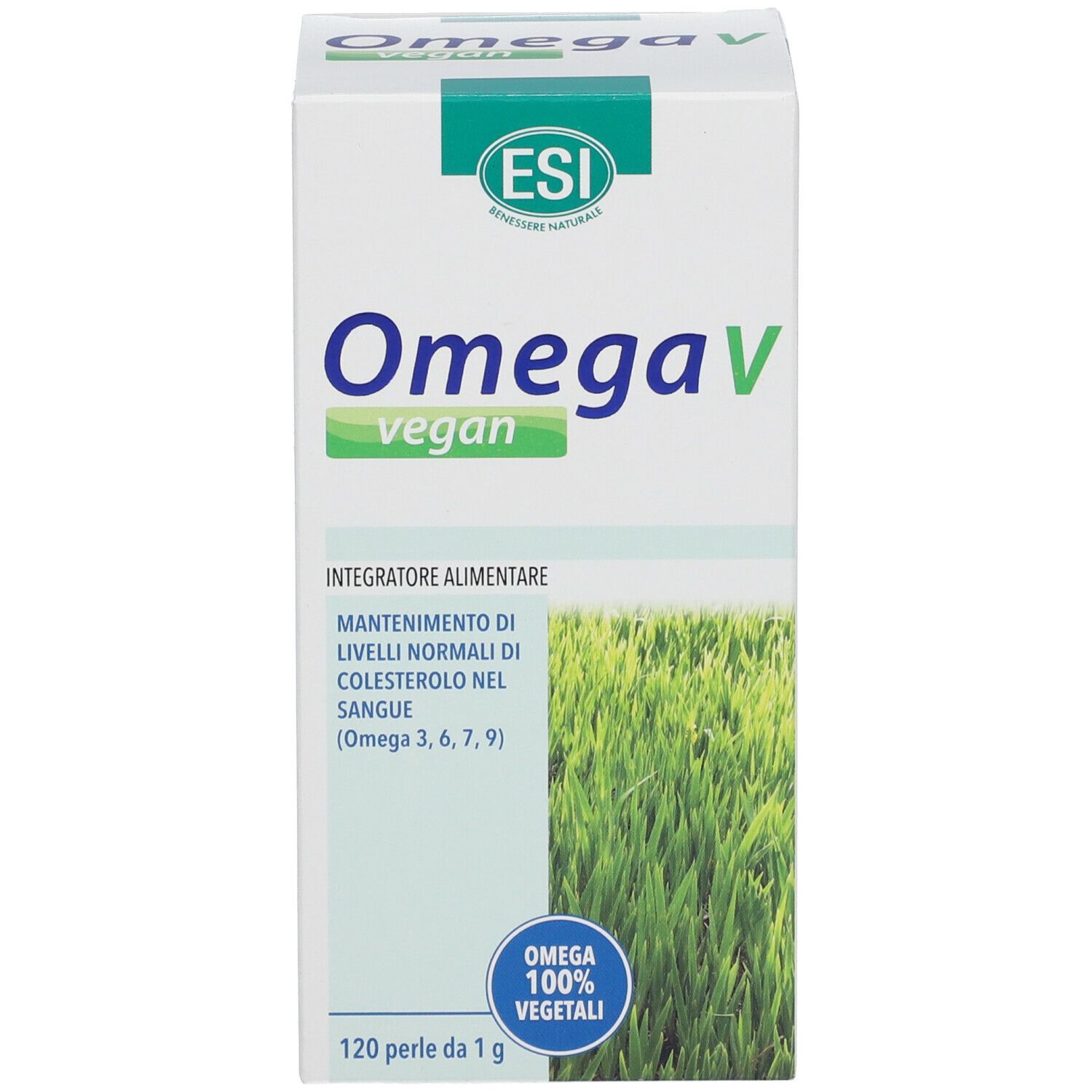 Scatola bianca con logo ESI e OmegaV vegan. Contiene 120 perle. Testo: Integratore Alimentare, 100% vegetale.