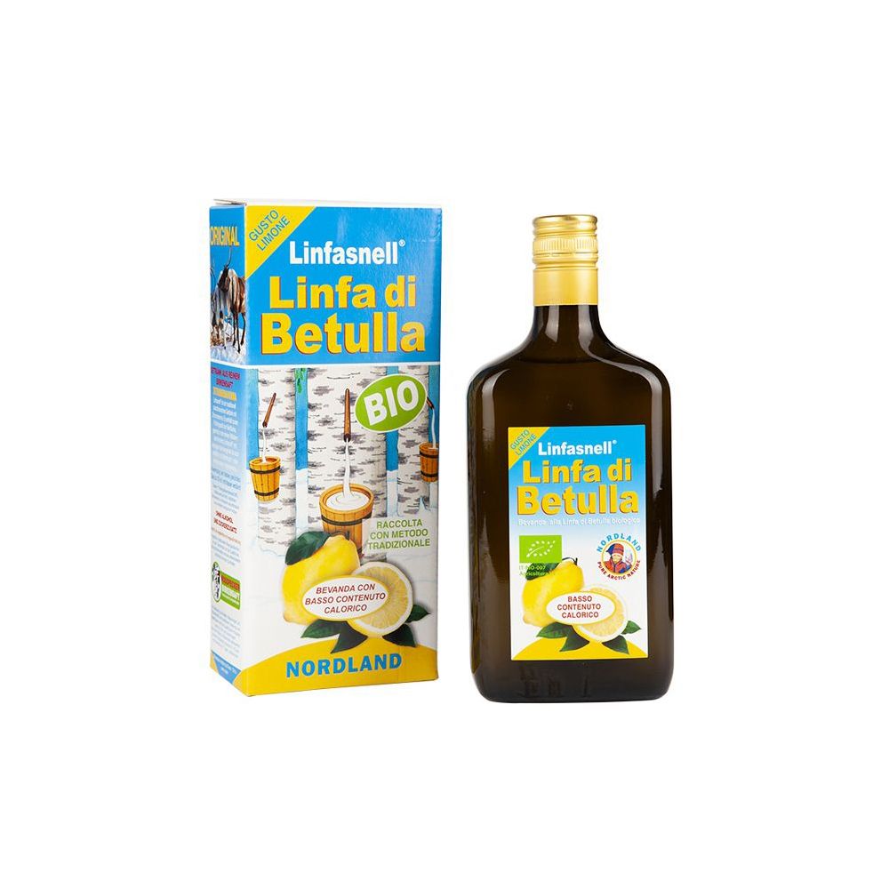 Bottiglia di vetro marrone e scatola con stampa del prodotto. Scritta: Linfasnell Linfa di Betulla Bio. Immagine di limone.