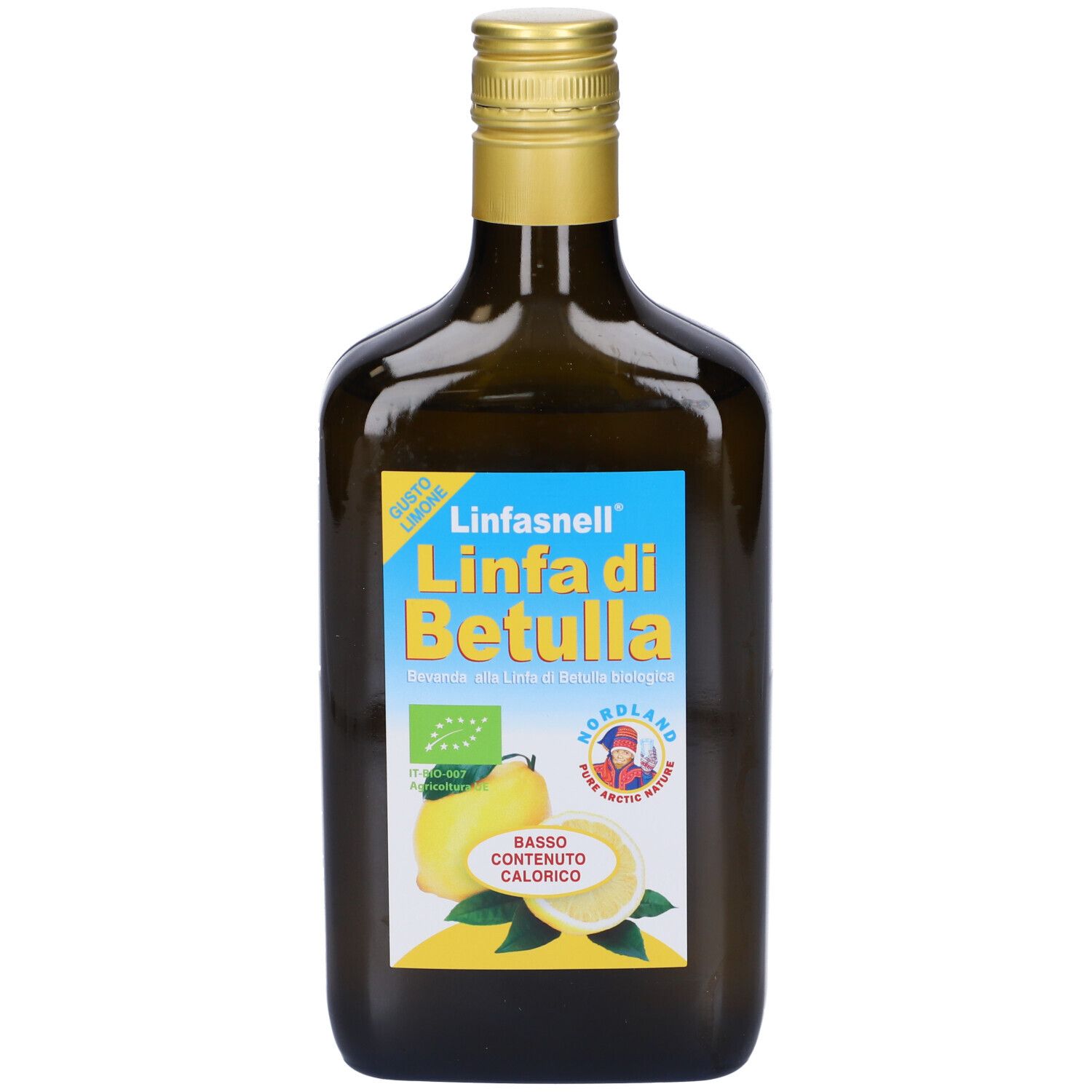 Bottiglia di vetro marrone con tappo dorato. Scritta: Linfasnell Linfa di Betulla. Immagine di limone. Sigillo bio.