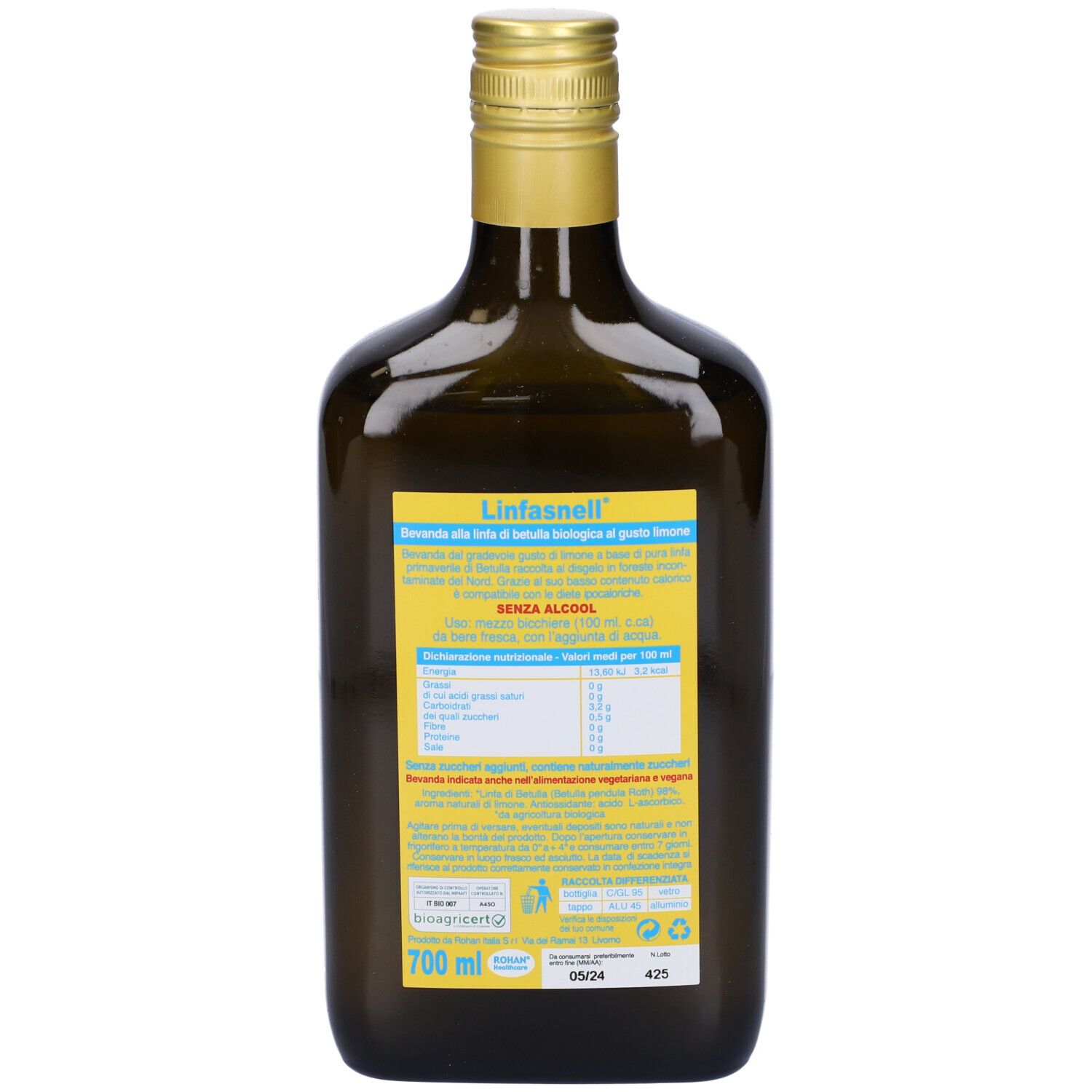Retro di una bottiglia di vetro marrone. Scritta: Linfasnell Linfa di Betulla. Informazioni nutrizionali. 700 ml.