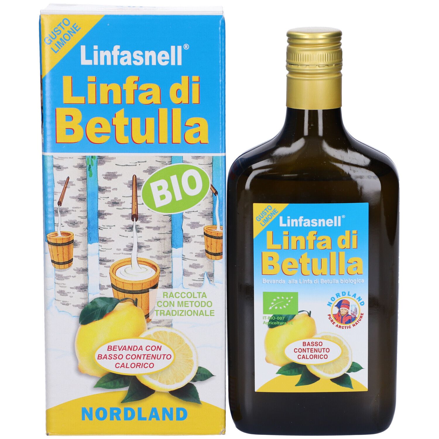 Scatola e bottiglia di vetro marrone. Scritta: Linfasnell Linfa di Betulla Bio. Immagine di limone. Sigillo bio.