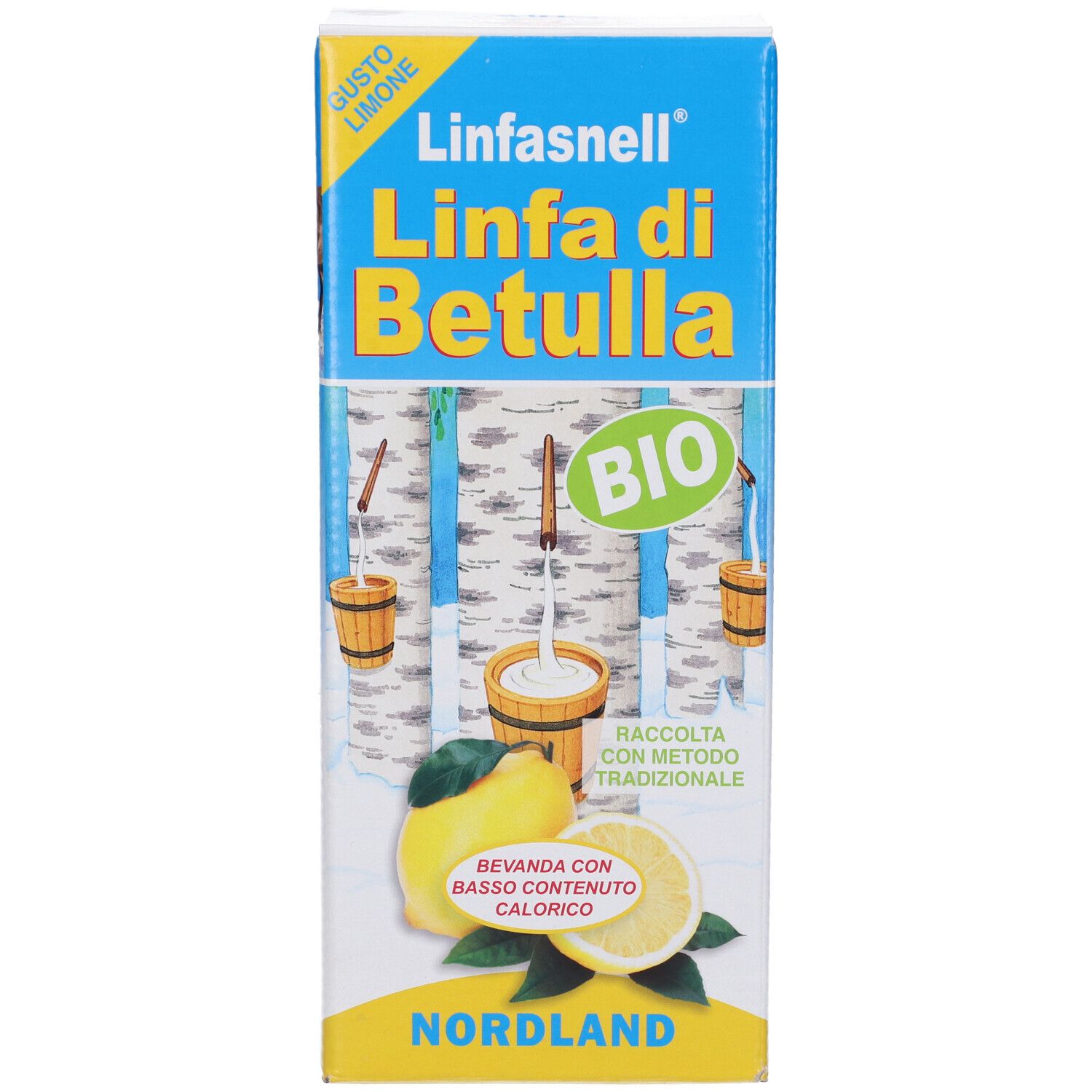 Scatola con scritta: Linfasnell Linfa di Betulla. Immagine di limone. Sigillo bio. Immagine del prodotto.