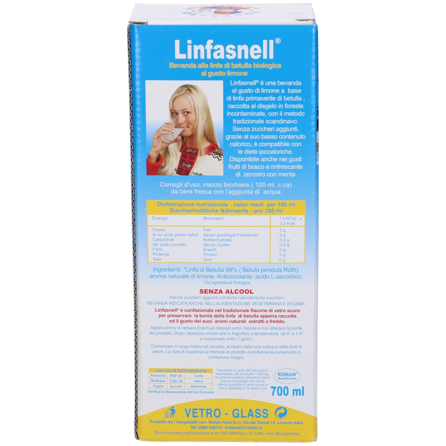 Scatola con testo e donna che beve. Scritta: Linfasnell. Informazioni nutrizionali. 700 ml. Senza alcol.