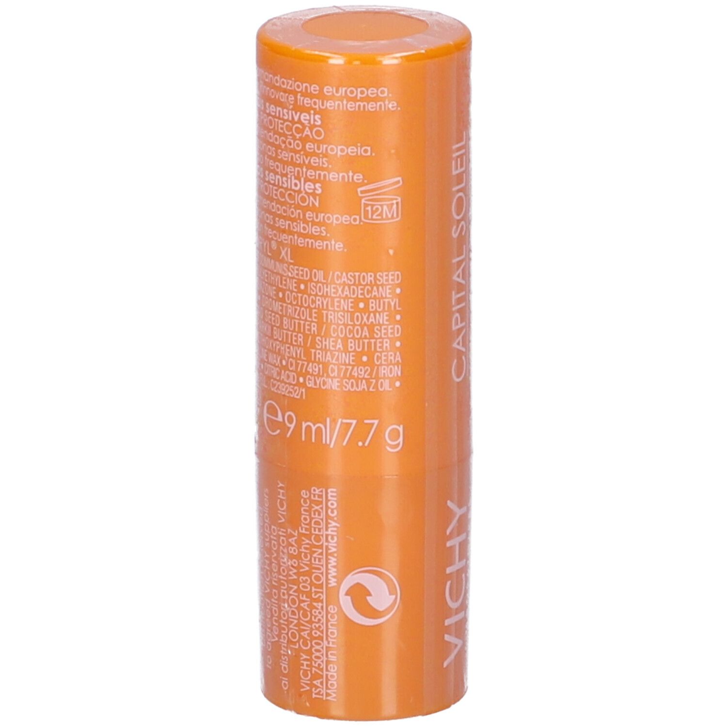 Stick solare arancione. Testo: Capital Soleil, SPF 50+, Stick zone sensibili. Logo Vichy. Ingredienti e informazioni.