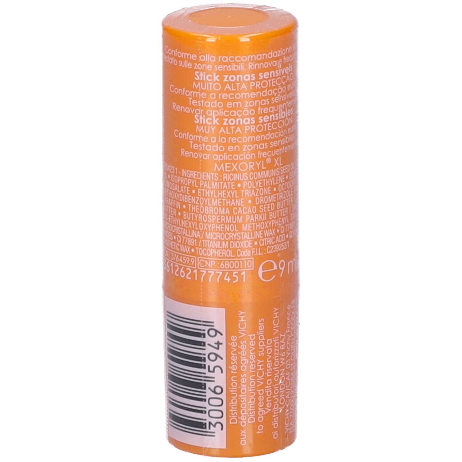 Stick solare arancione. Testo: Capital Soleil, SPF 50+, Stick zone sensibili. Ingredienti e informazioni.