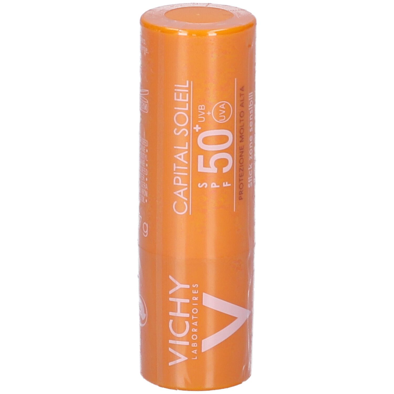 Stick solare arancione. Testo: Capital Soleil, SPF 50+, Stick zone sensibili. Logo Vichy. Confezione.