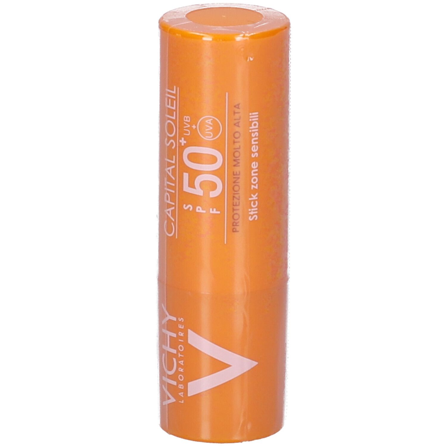 Stick solare arancione. Testo: Capital Soleil, SPF 50+, Stick zone sensibili. Logo Vichy. Confezione.