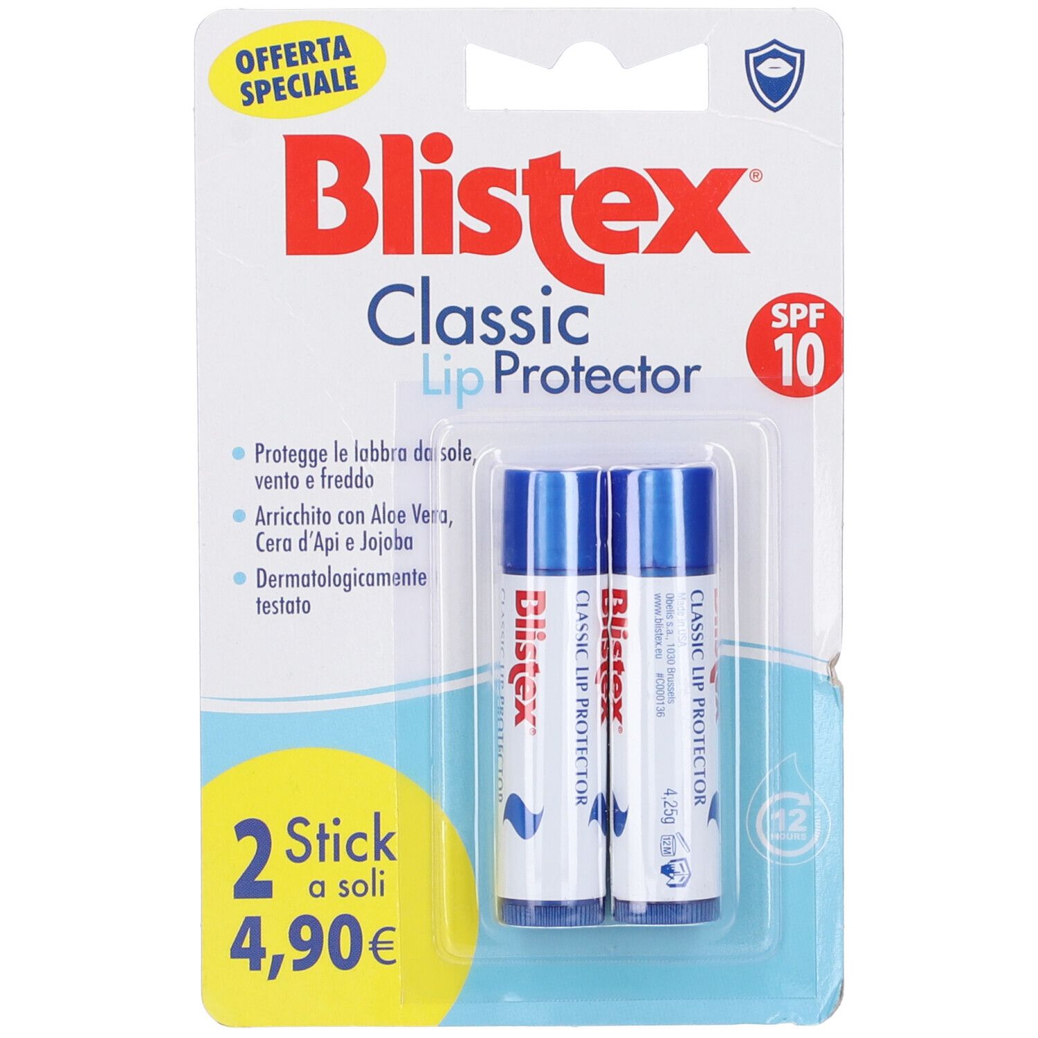 Confezione con due stick protettivi per labbra. Scritta: Blistex Classic Lip Protector, SPF 10.