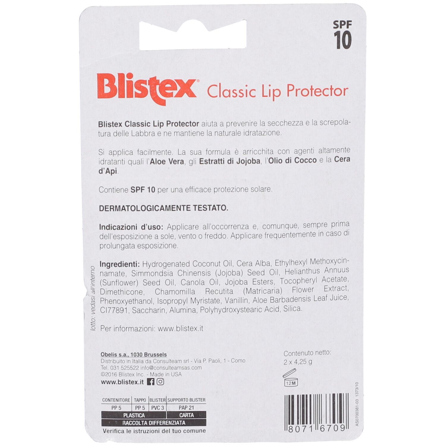Retro della confezione con informazioni sul prodotto. Scritta: Blistex Classic Lip Protector, SPF 10.