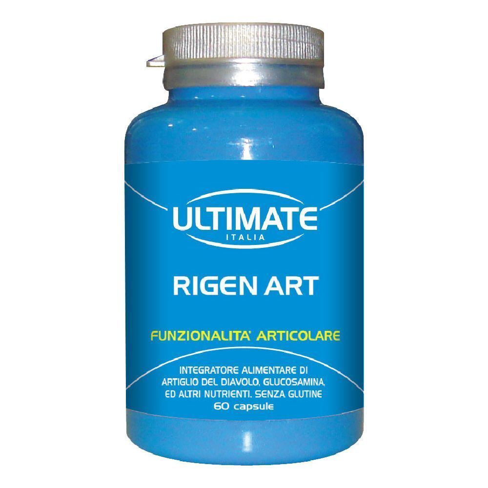 Flacone blu con tappo argentato. Scritte: ULTIMATE, RIGEN ART, FUNZIONALITA' ARTICOLARE. Contiene 60 capsule.