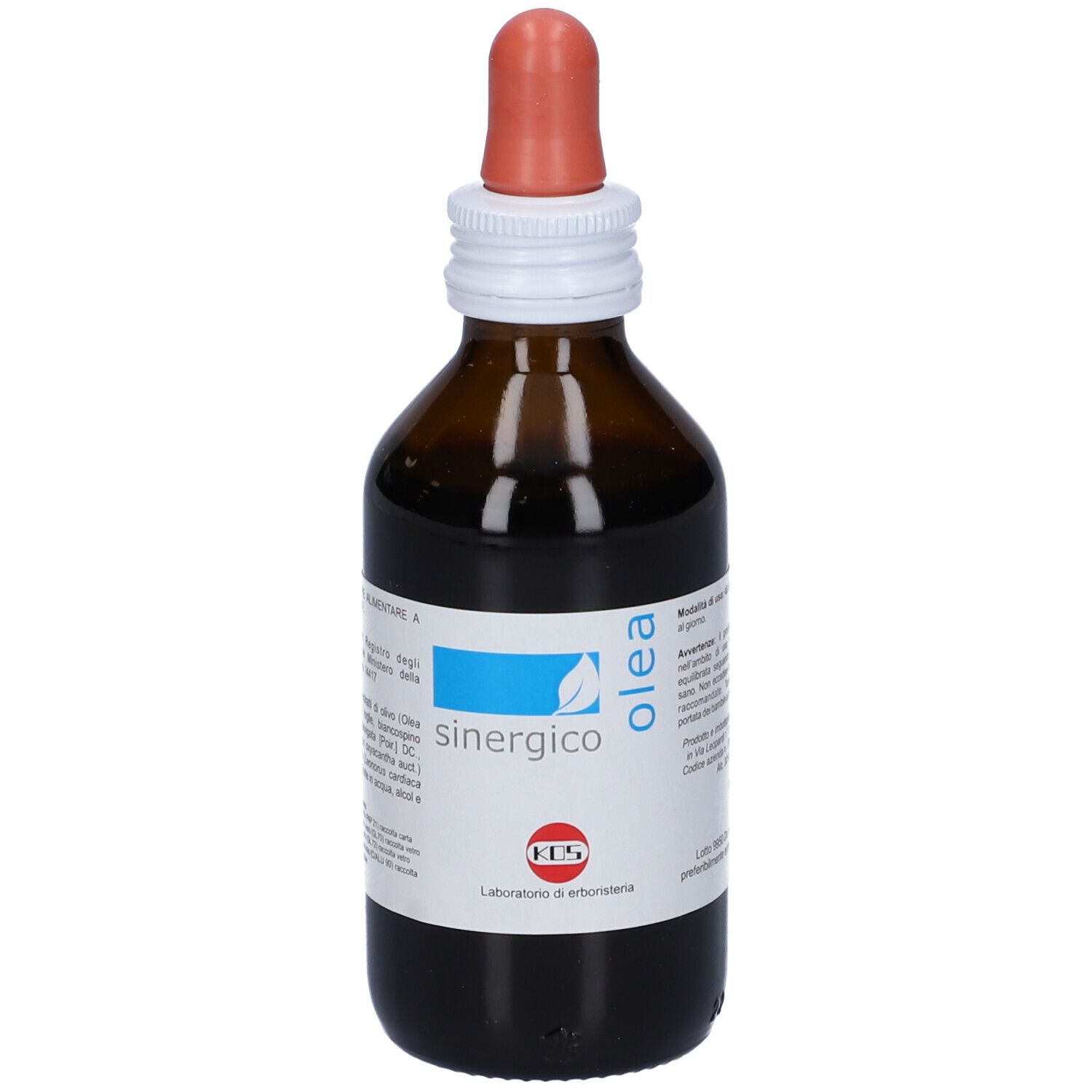 Flacone di vetro marrone con contagocce. Scritta 'olea sinergico'.