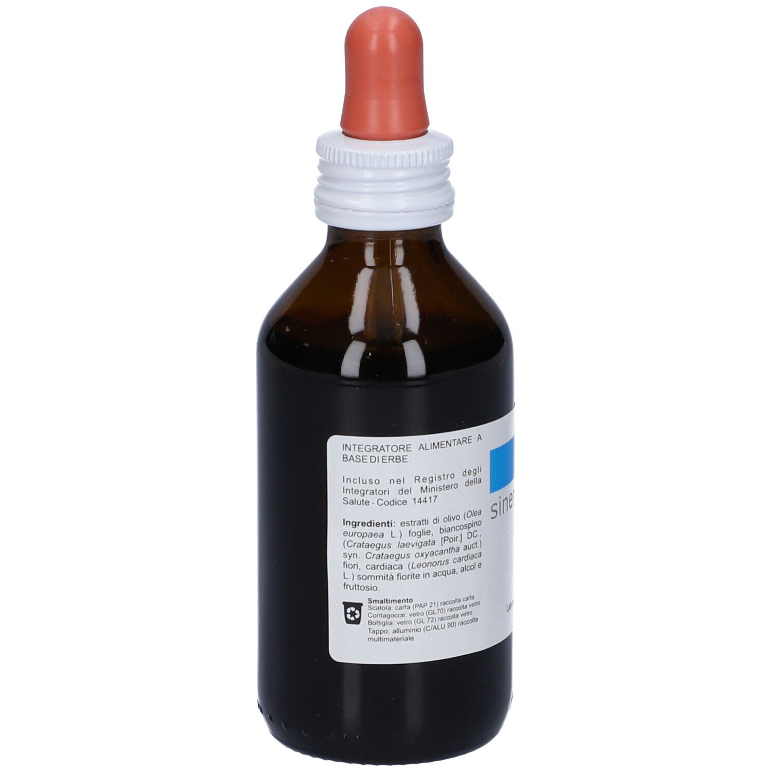 Flacone di vetro marrone con contagocce. Retro con testo ed etichetta.