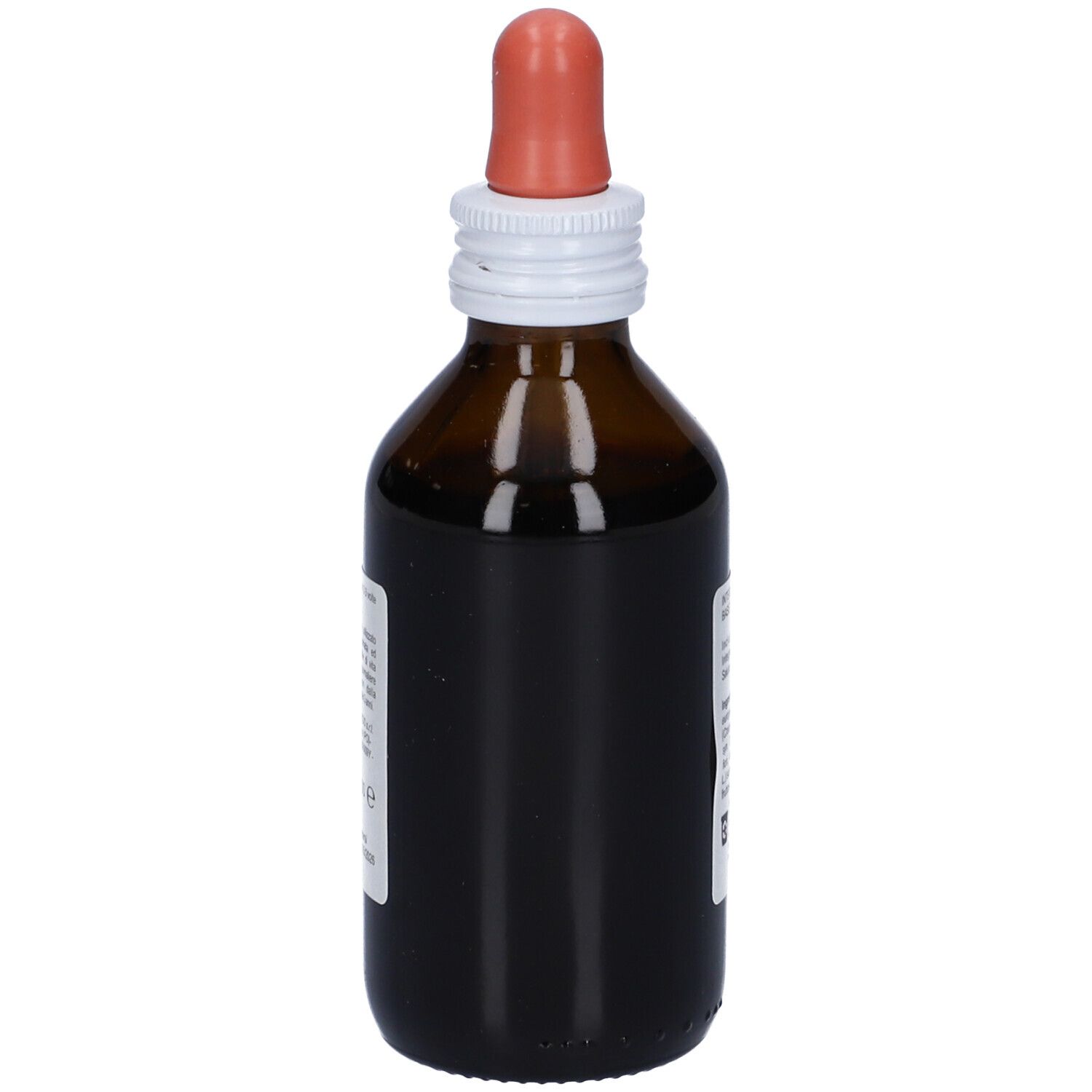 Flacone di vetro marrone con contagocce. Vista dettagliata senza testo.