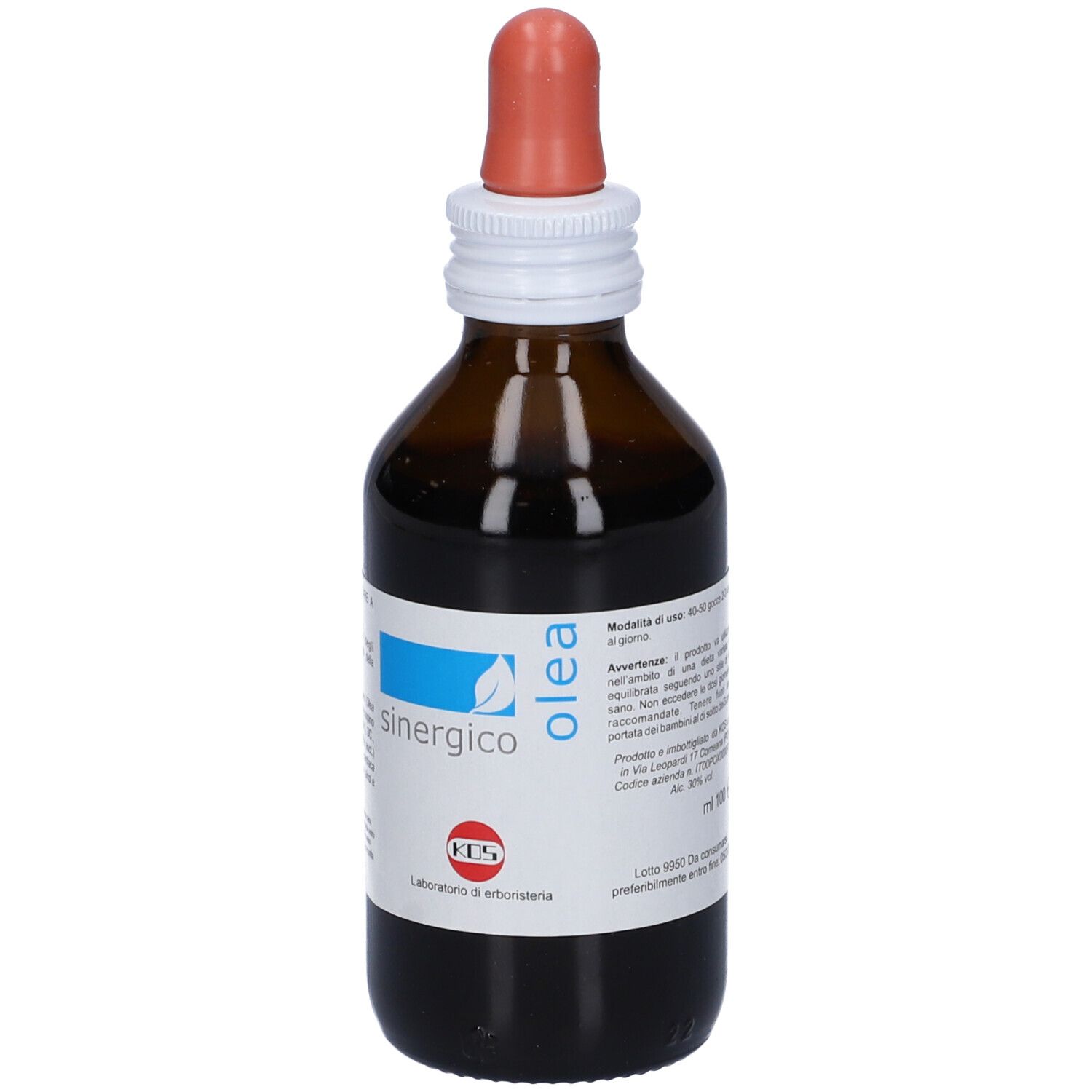 Flacone di vetro marrone con contagocce. Etichetta con 'olea sinergico'.