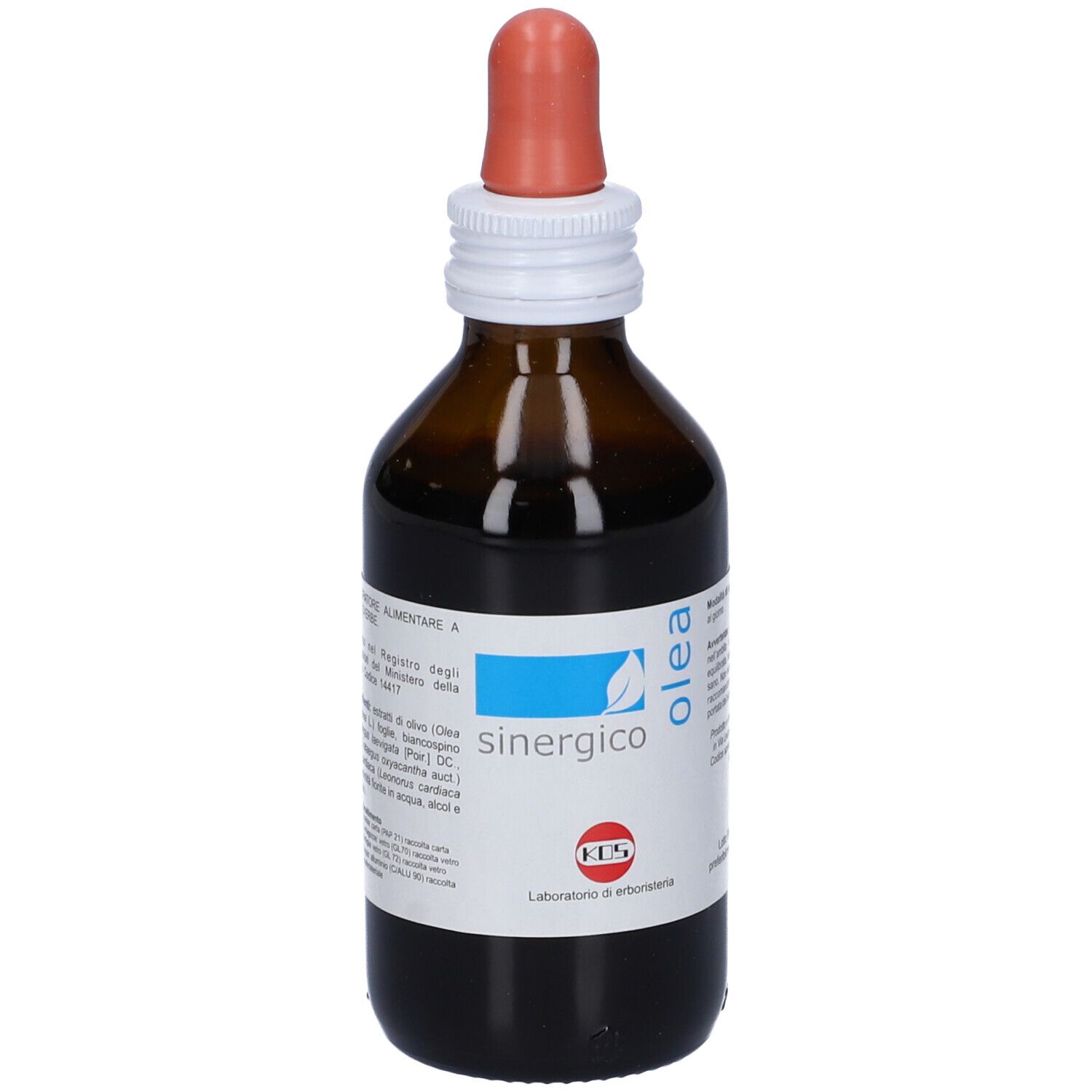 Flacone di vetro marrone con contagocce. Etichetta con 'olea sinergico'.