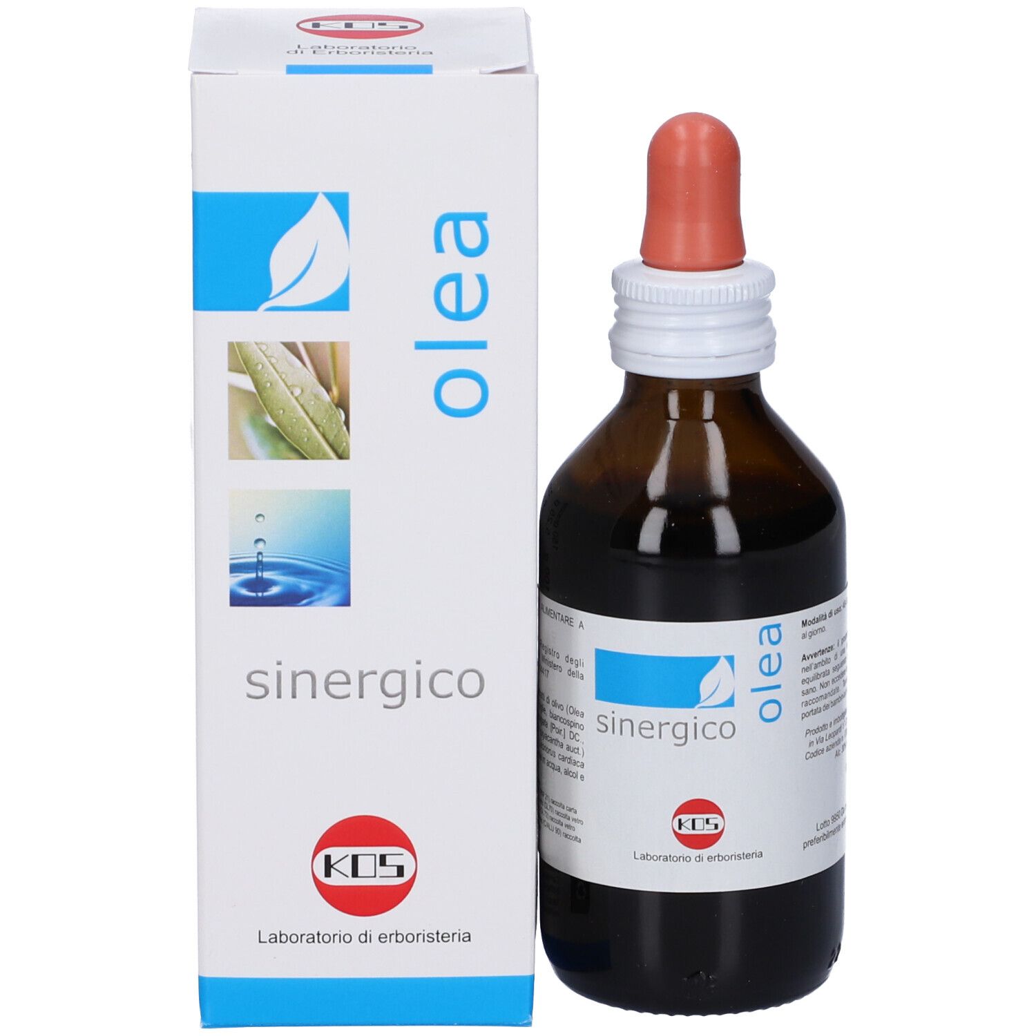 Flacone di vetro marrone con contagocce e confezione. Confezione con testo e logo.