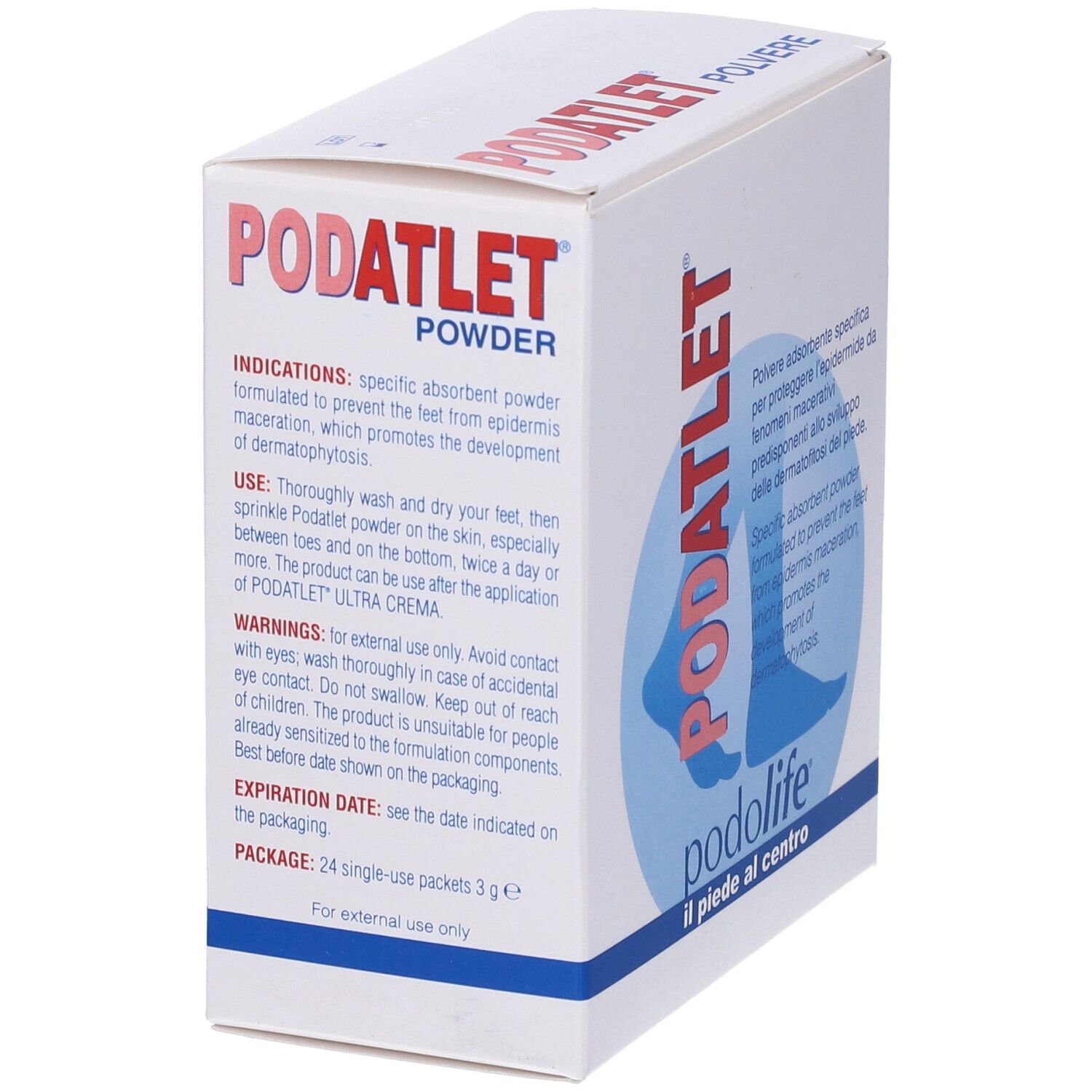 Confezione Podolife Podatlet Polvere Piedi Bustine. Nome, descrizione e illustrazione piede.