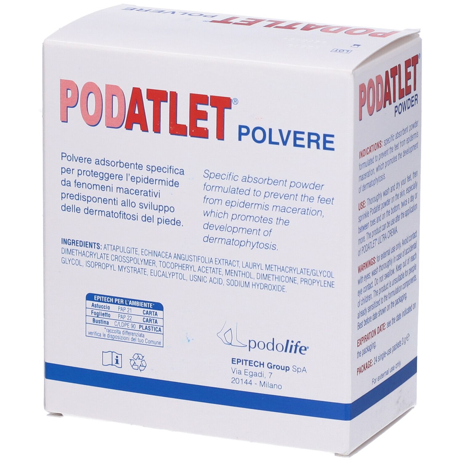 Confezione Podolife Podatlet Polvere Piedi Bustine. Nome, descrizione, ingredienti e logo.