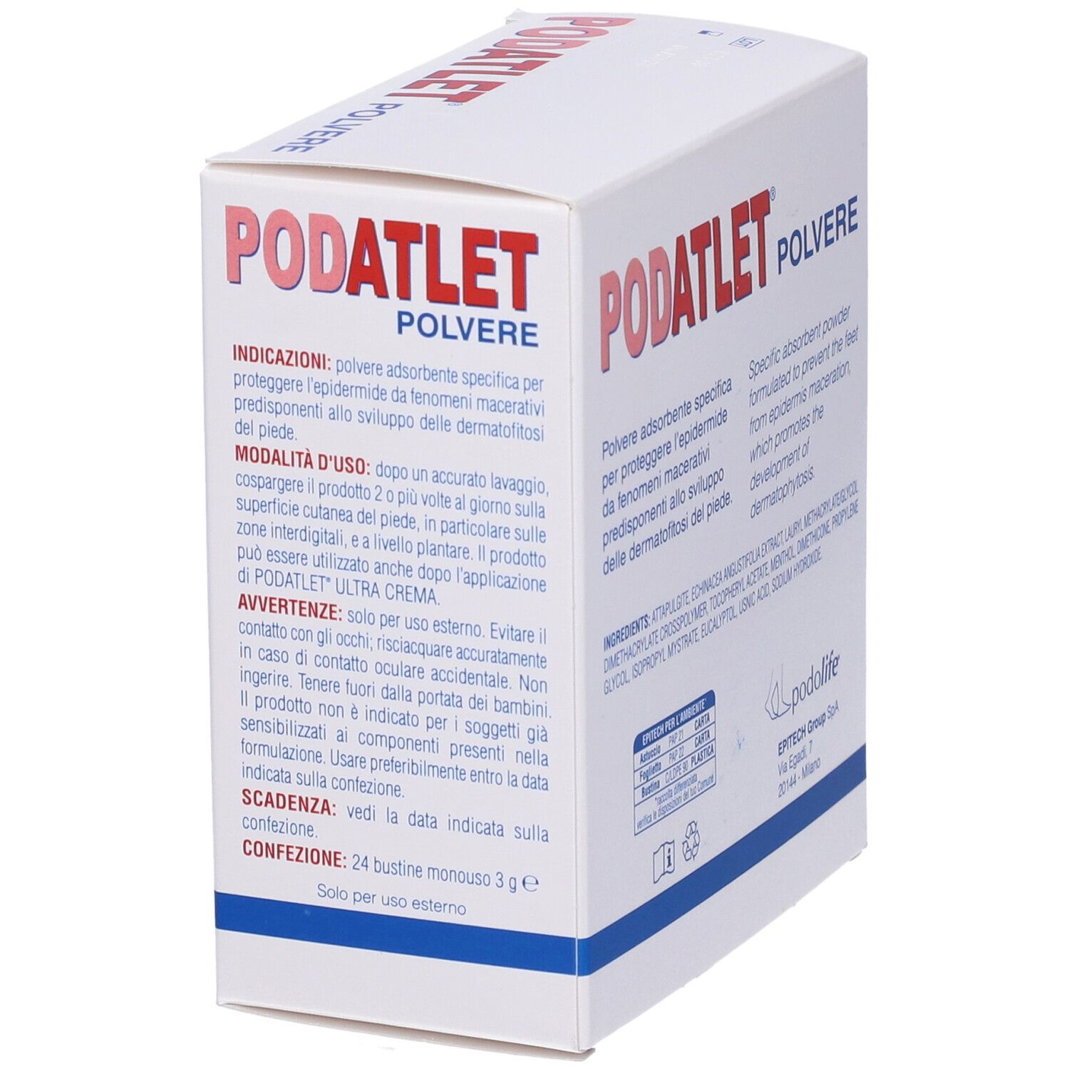 Confezione Podolife Podatlet Polvere Piedi Bustine. Nome, descrizione, istruzioni e logo.