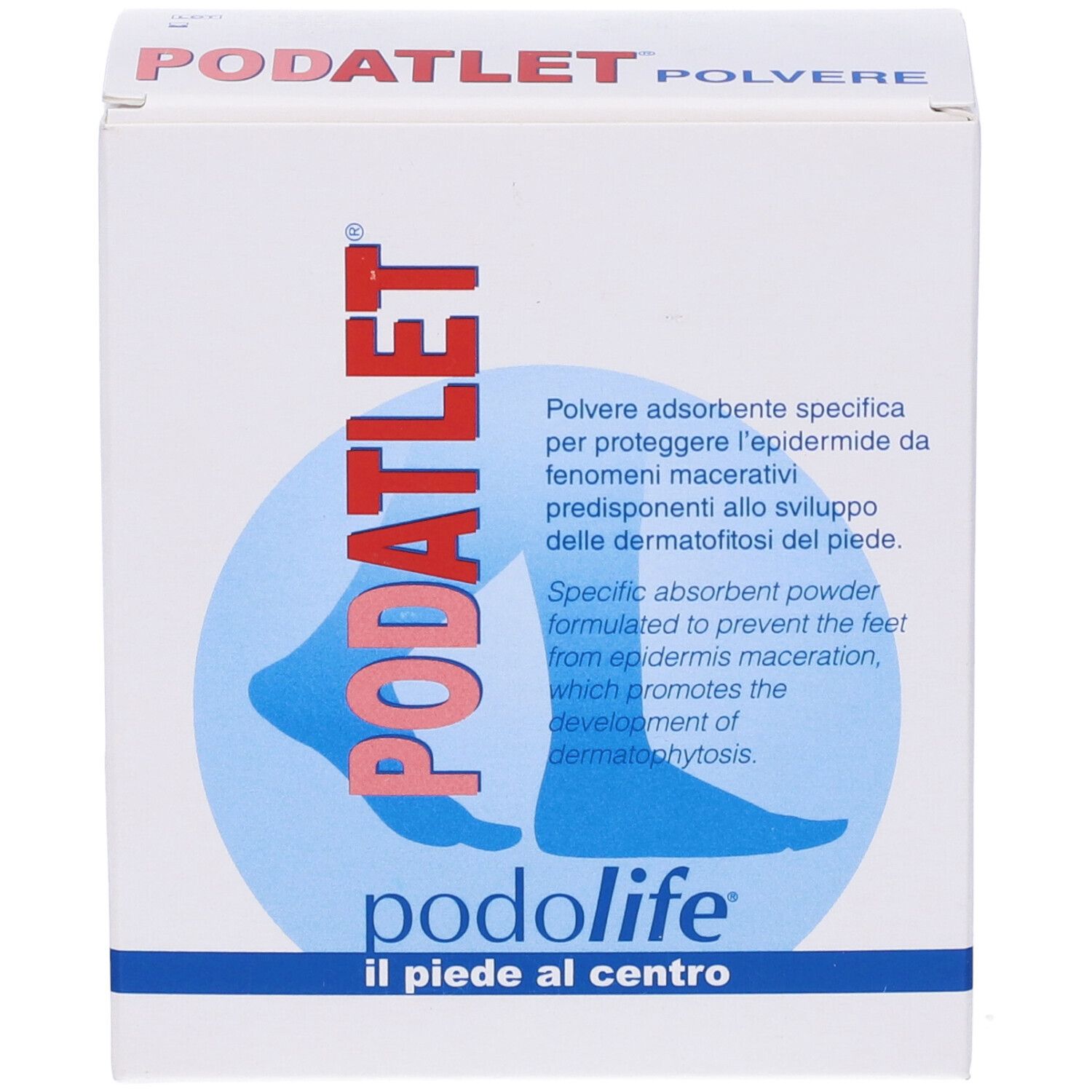 Confezione Podolife Podatlet Polvere Piedi Bustine. Nome, descrizione e illustrazione piede.