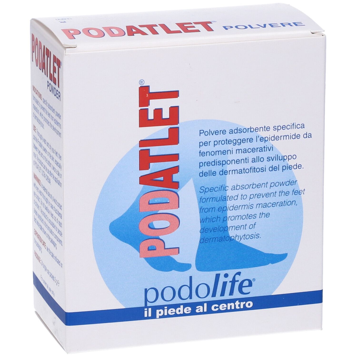 Confezione Podolife Podatlet Polvere Piedi Bustine. Nome, descrizione e illustrazione piede.