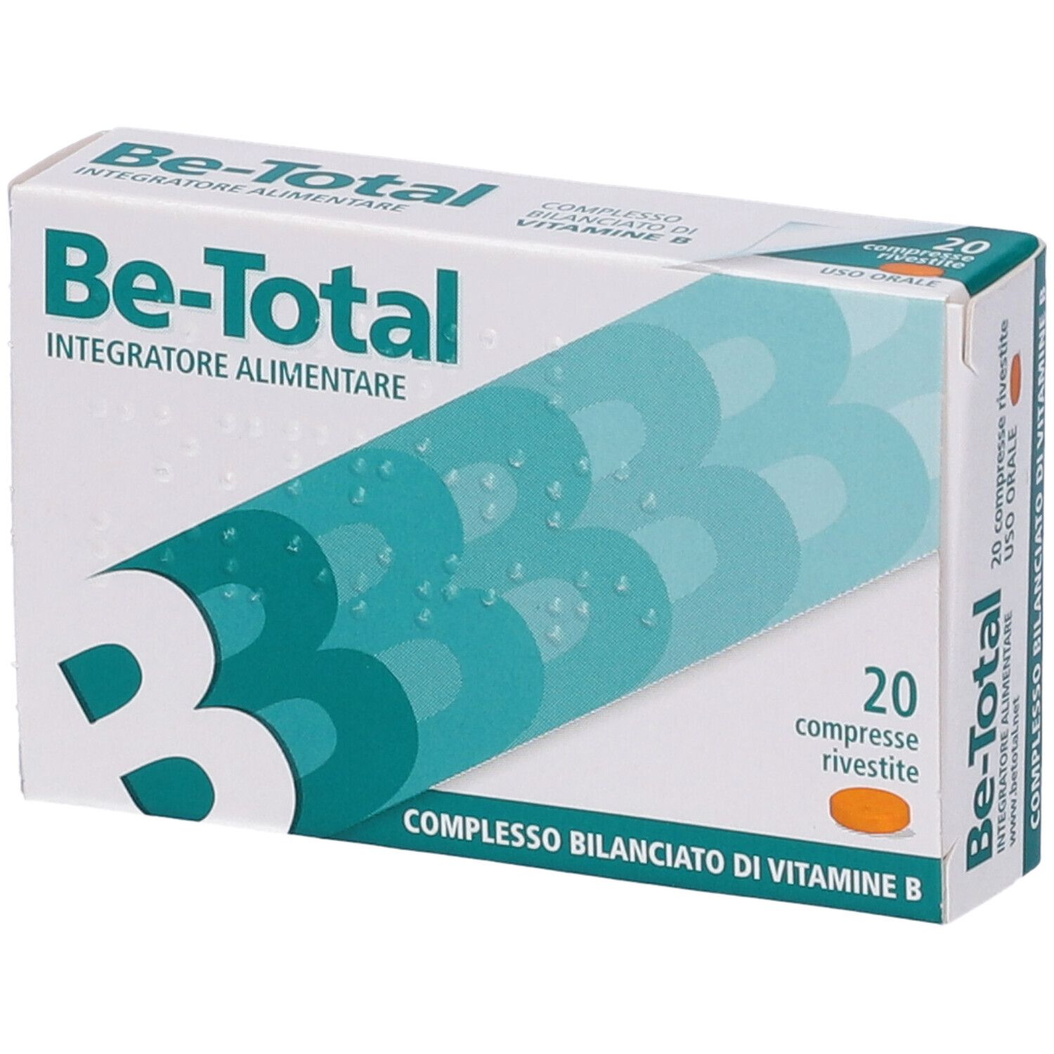 Be-Total Vitamin B Packung. Enthält 20 Tabletten. Text: Integratore Alimentare.