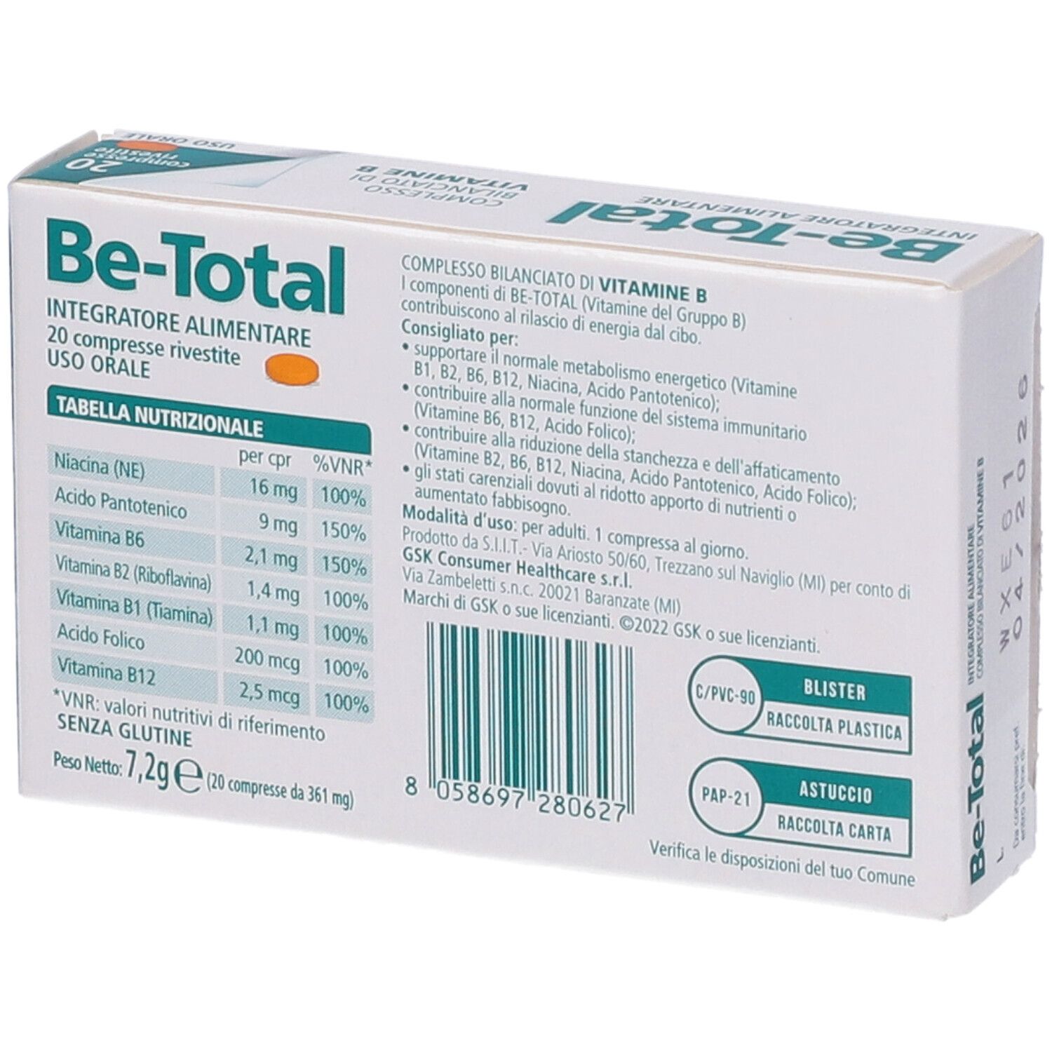 Rückseite der Be-Total Vitamin B Packung. Enthält Informationen zu Inhaltsstoffen und Nährwerten.