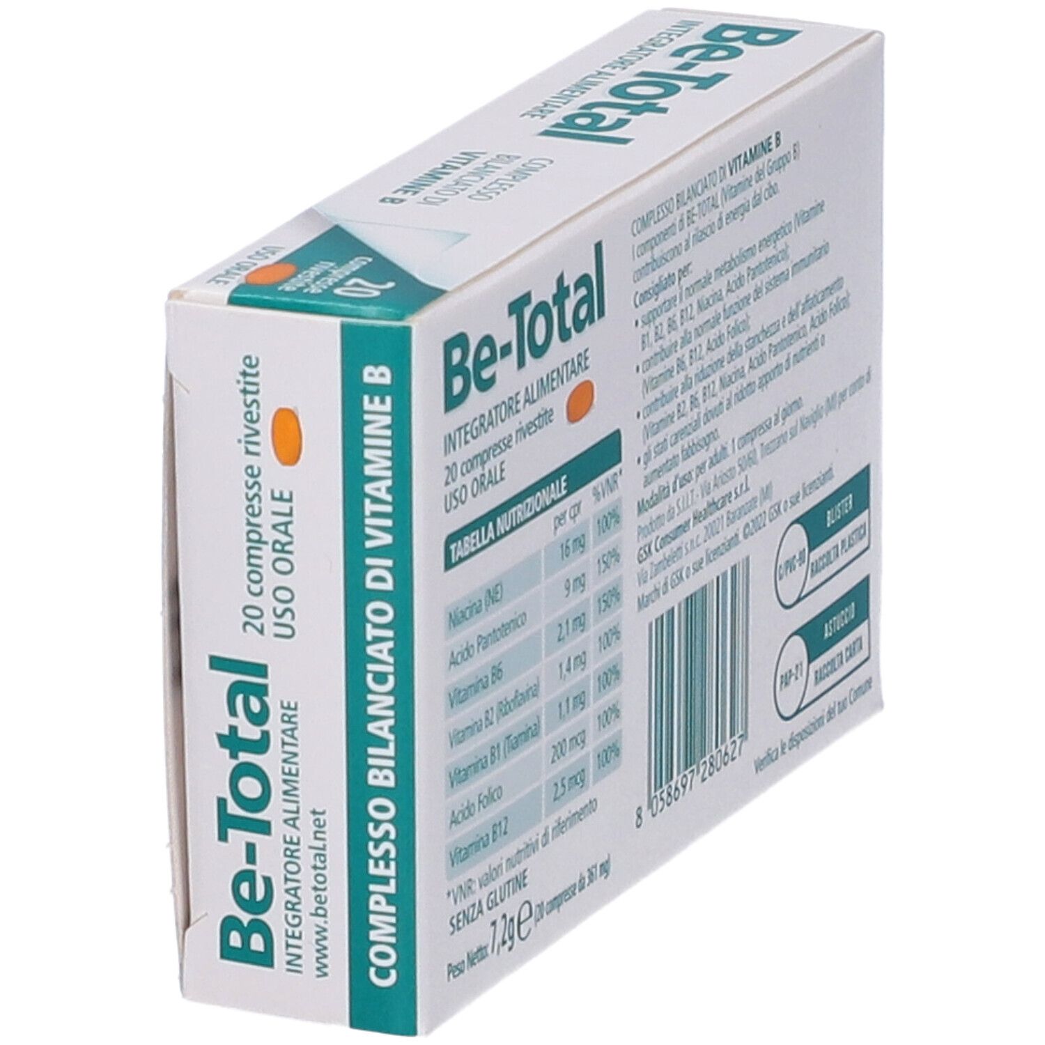 Be-Total Vitamin B Packung. Enthält 20 Tabletten. Text: Integratore Alimentare.
