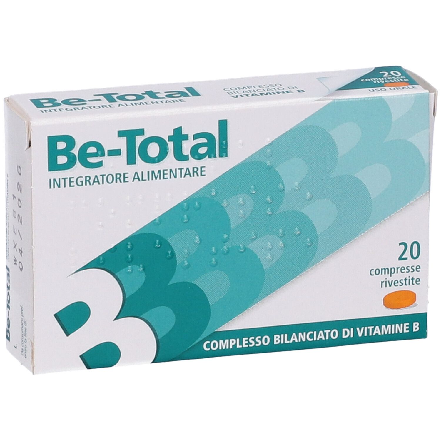 Be-Total Vitamin B Packung. Enthält 20 Tabletten. Text: Integratore Alimentare.