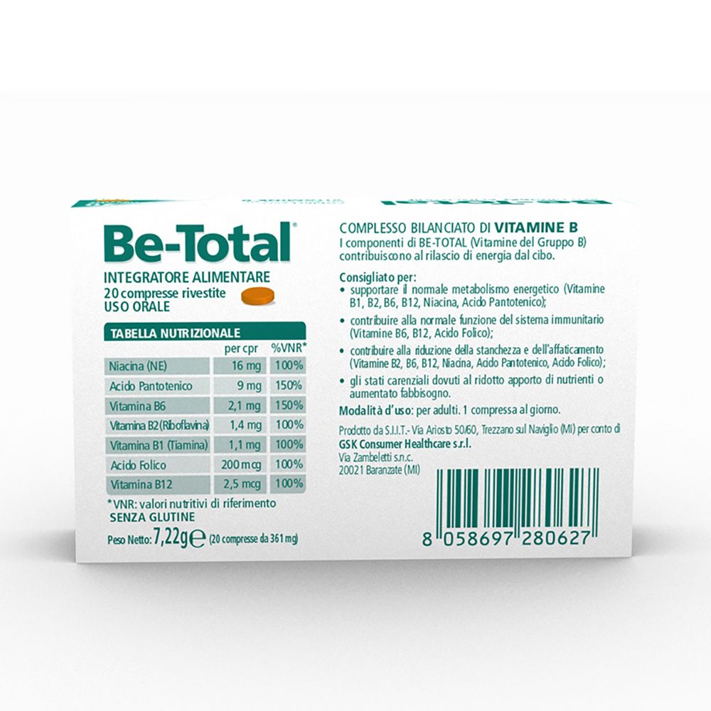 Rückseite der Be-Total Vitamin B Packung. Enthält Informationen zu Inhaltsstoffen und Nährwerten.