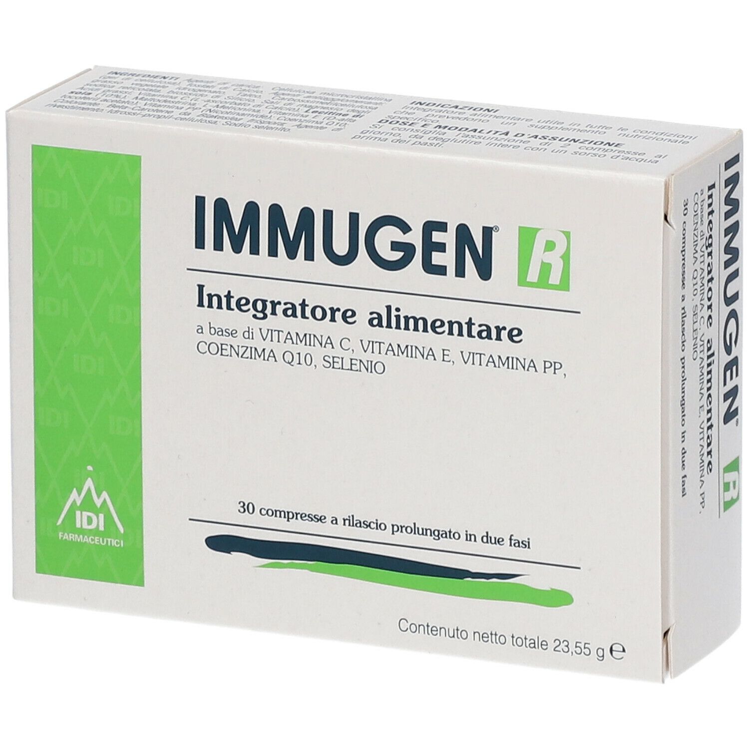Scatola di Immugen R, integratore alimentare. Contiene 30 compresse. Ingredienti: Vitamina C, E, PP, Q10, Selenio.