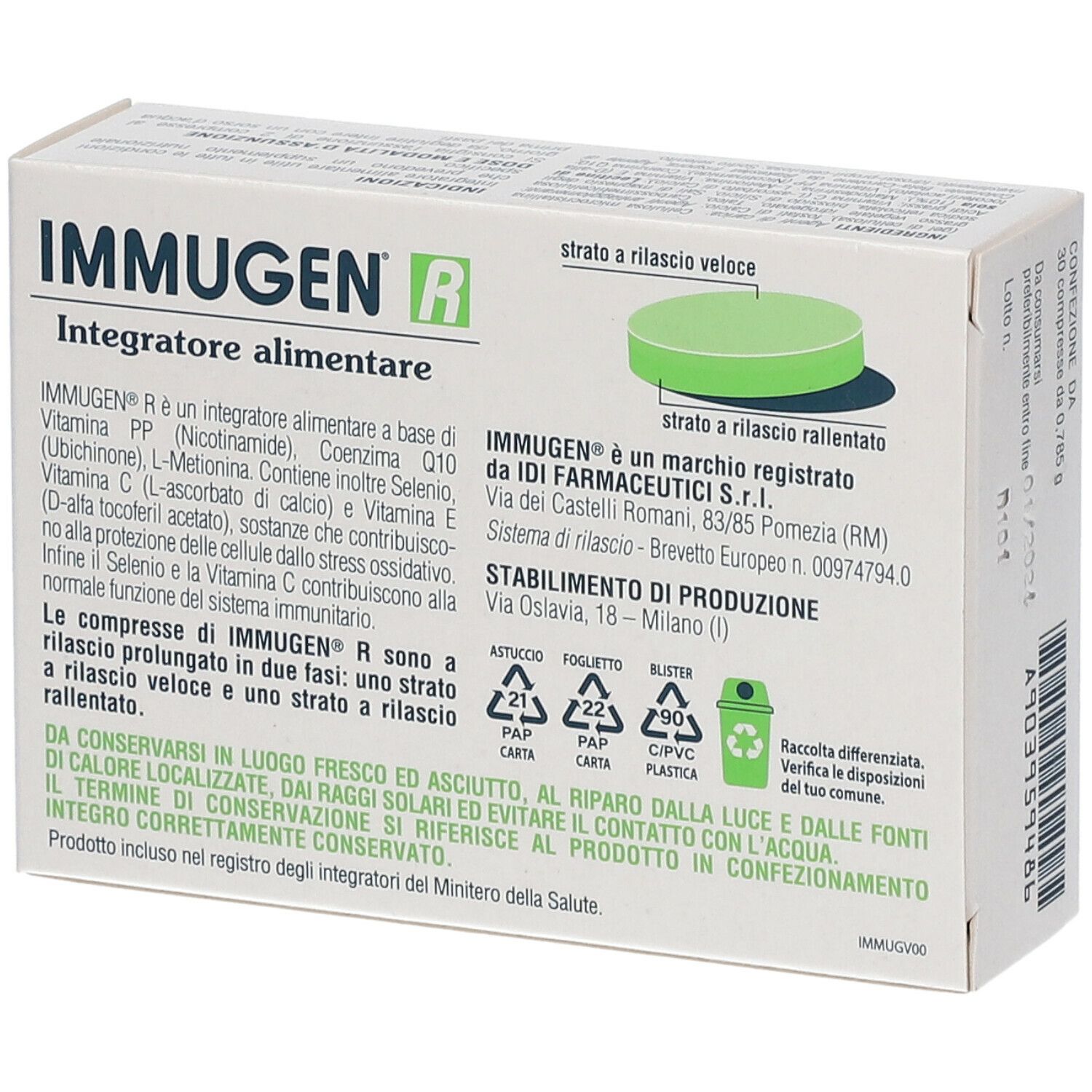 Scatola di Immugen R. Integratore alimentare. Ingredienti: Vitamine, Coenzima Q10, Selenio. 30 compresse.